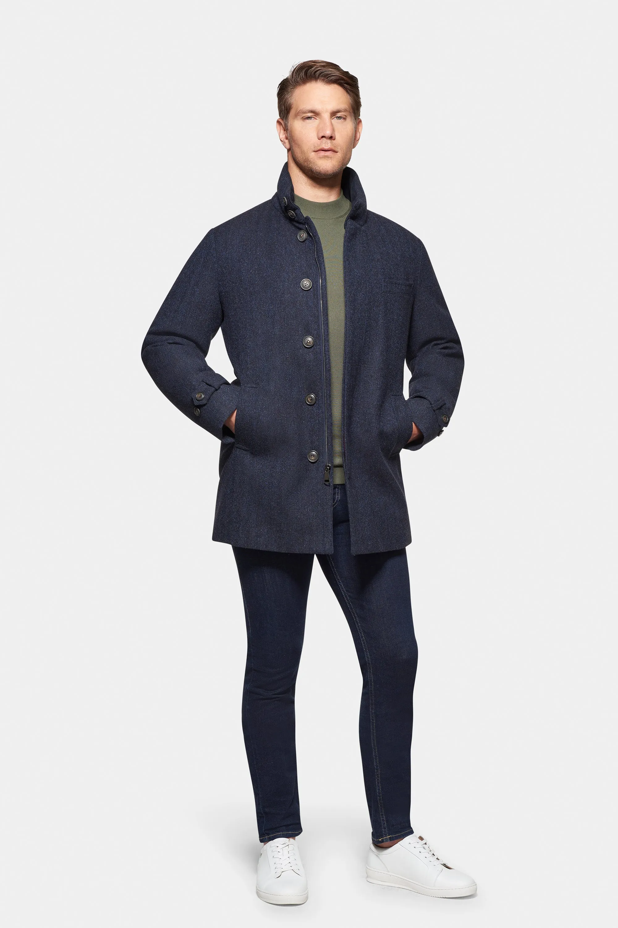 Cashmere Wool Car Coat, British Blue Herringbone