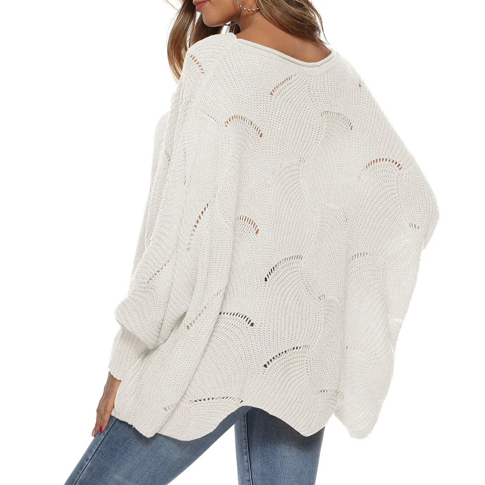 Chic White Boat Neck Bishop Sleeve Wavy Openwork Knit Oversized Sweater