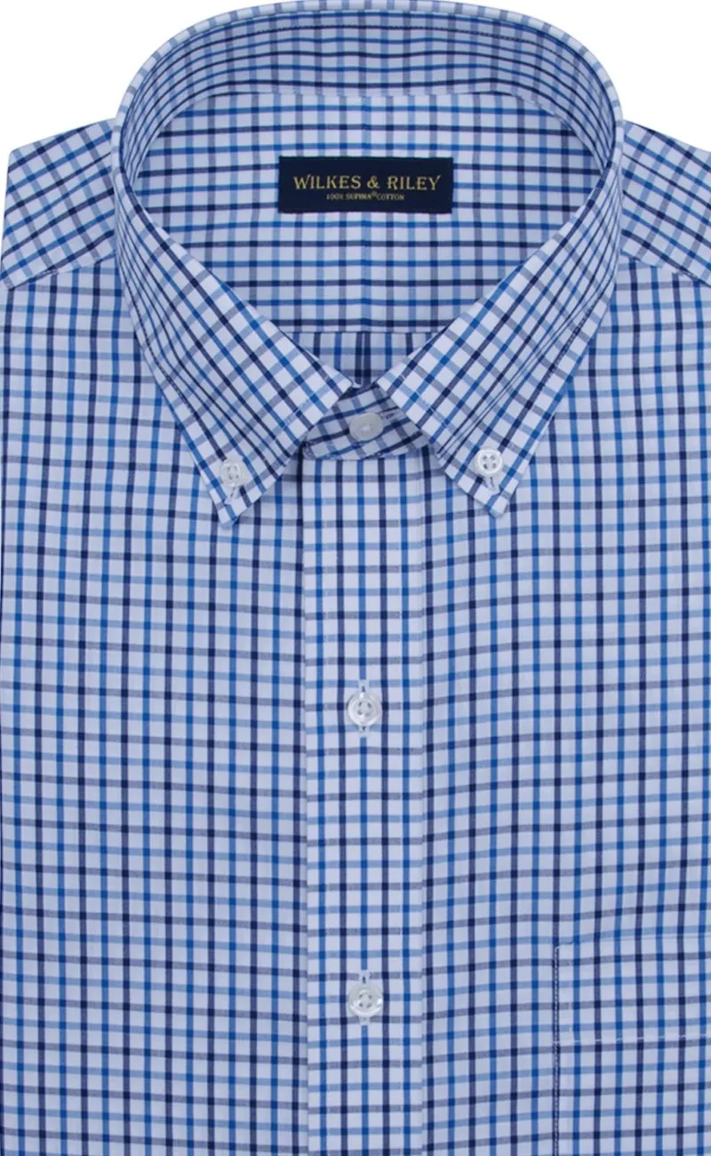 Classic Fit Blue / Navy Tattersall Button-Down Collar Supima® Cotton Non-Iron Broadcloth Sport Shirt (B/T)