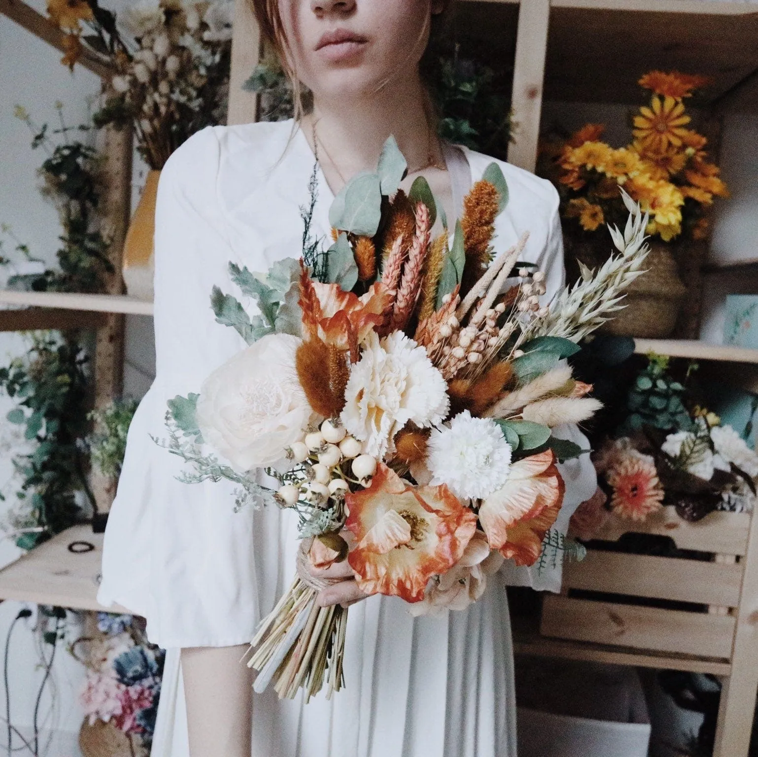 Colourful Dried & Artificial Flowers Bridal Bouquet - Burnt Orange & Green No. 1