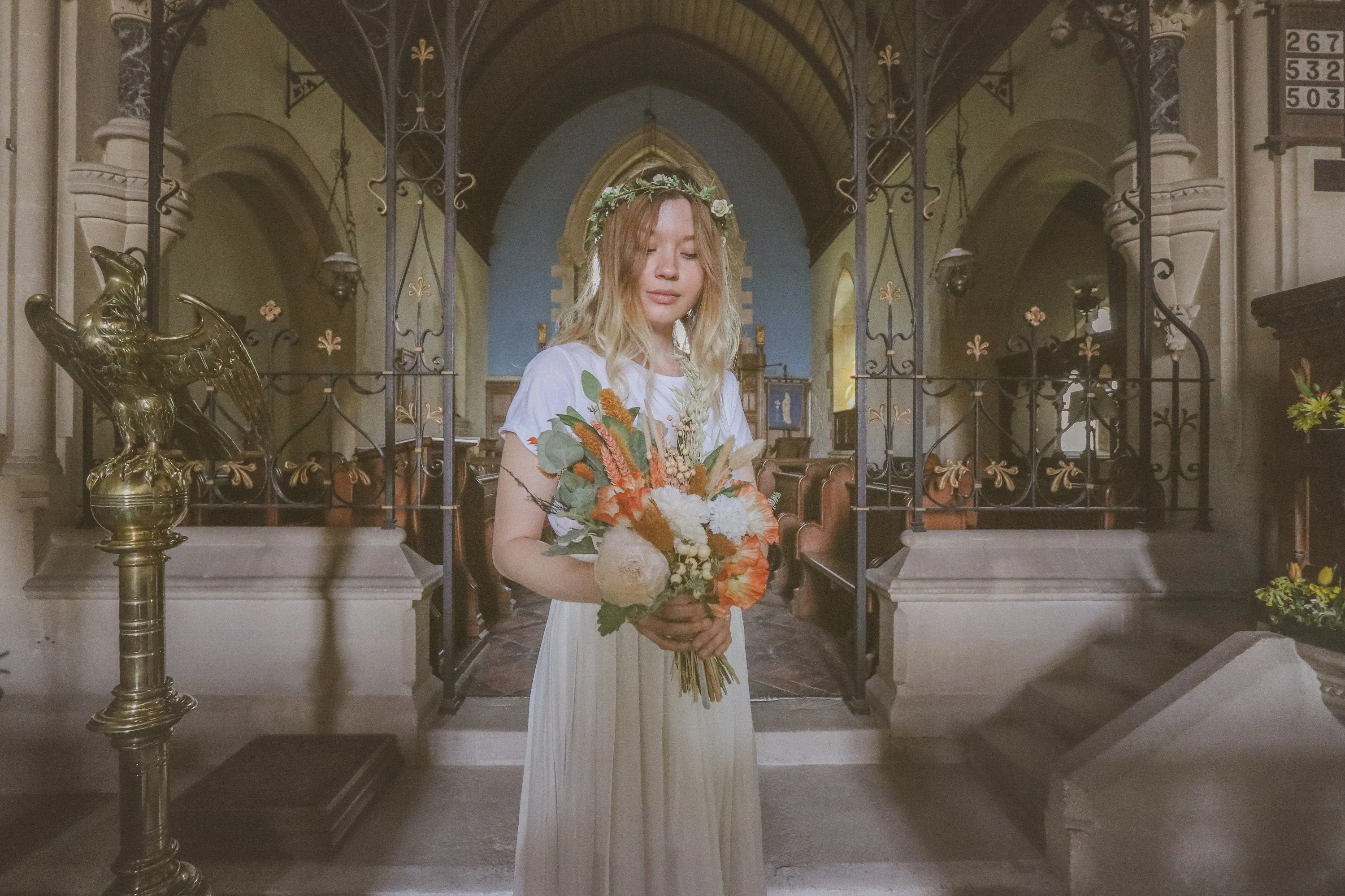 Colourful Dried & Artificial Flowers Bridal Bouquet - Burnt Orange & Green No. 1