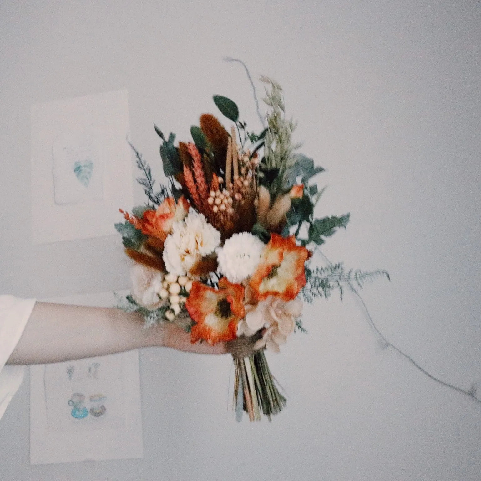 Colourful Dried & Artificial Flowers Bridal Bouquet - Burnt Orange & Green No. 1