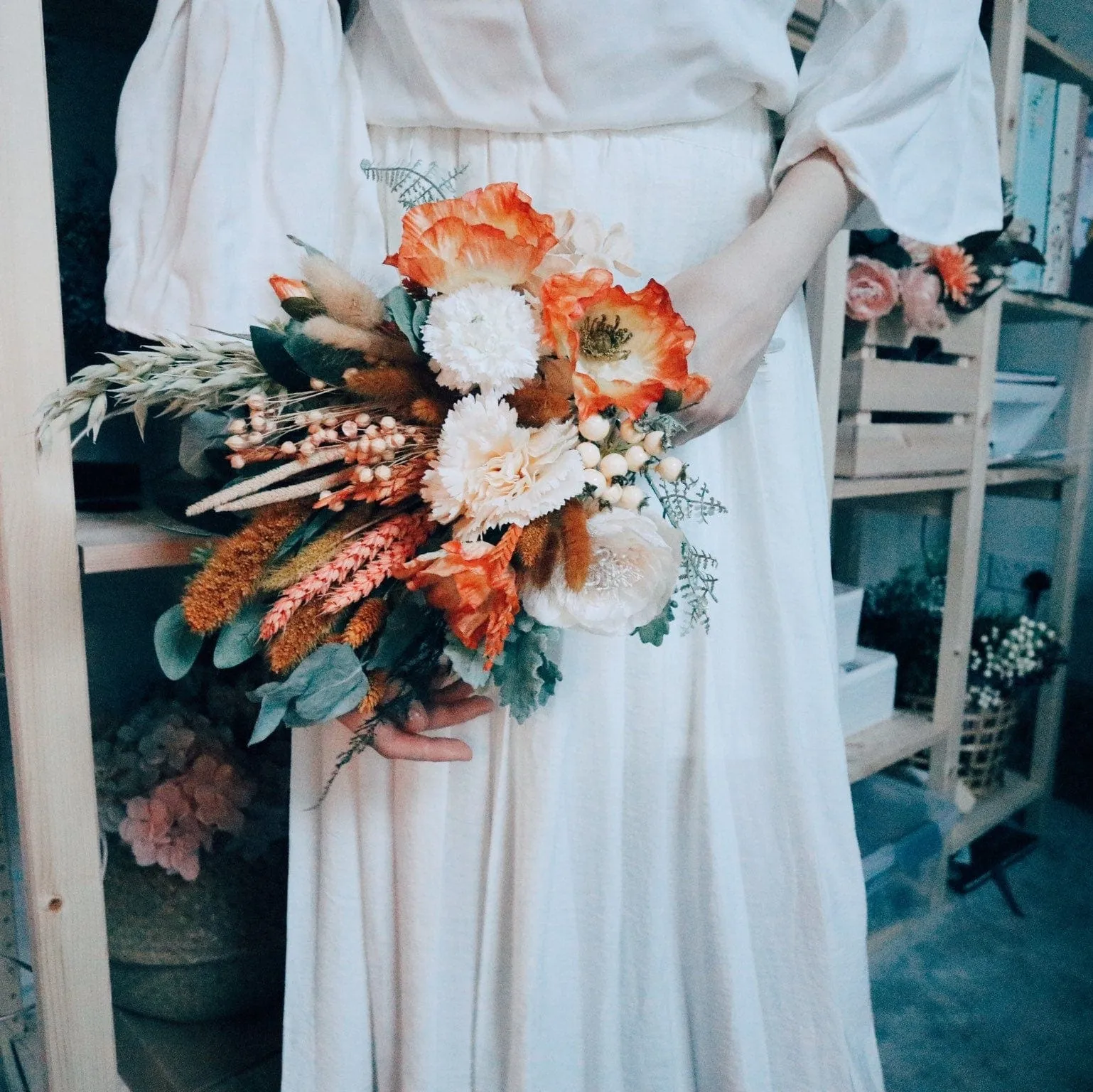 Colourful Dried & Artificial Flowers Bridal Bouquet - Burnt Orange & Green No. 1