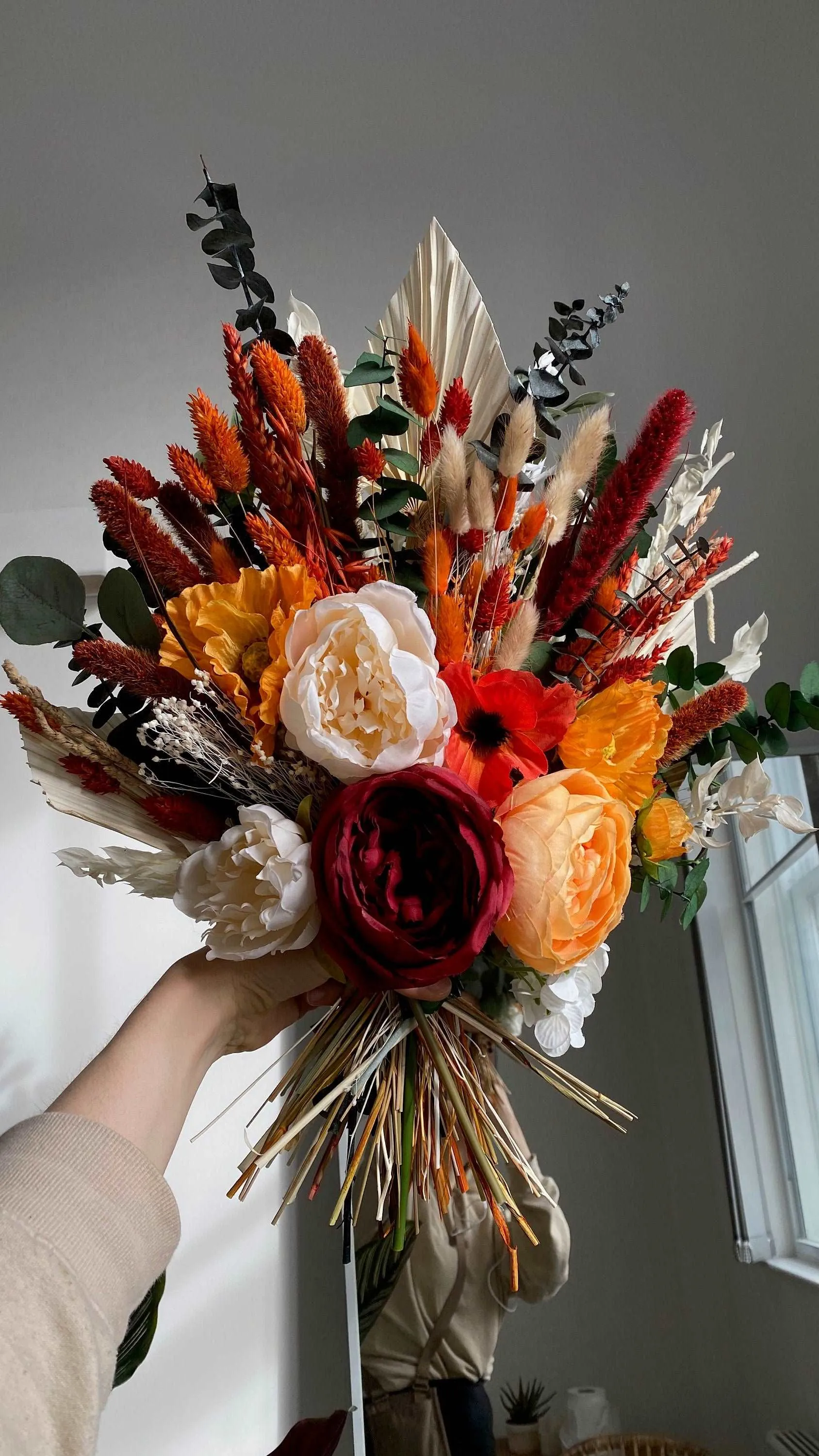 Colourful Dried & Artificial Flowers Bridal Bouquet - Burnt Orange & Green No. 2