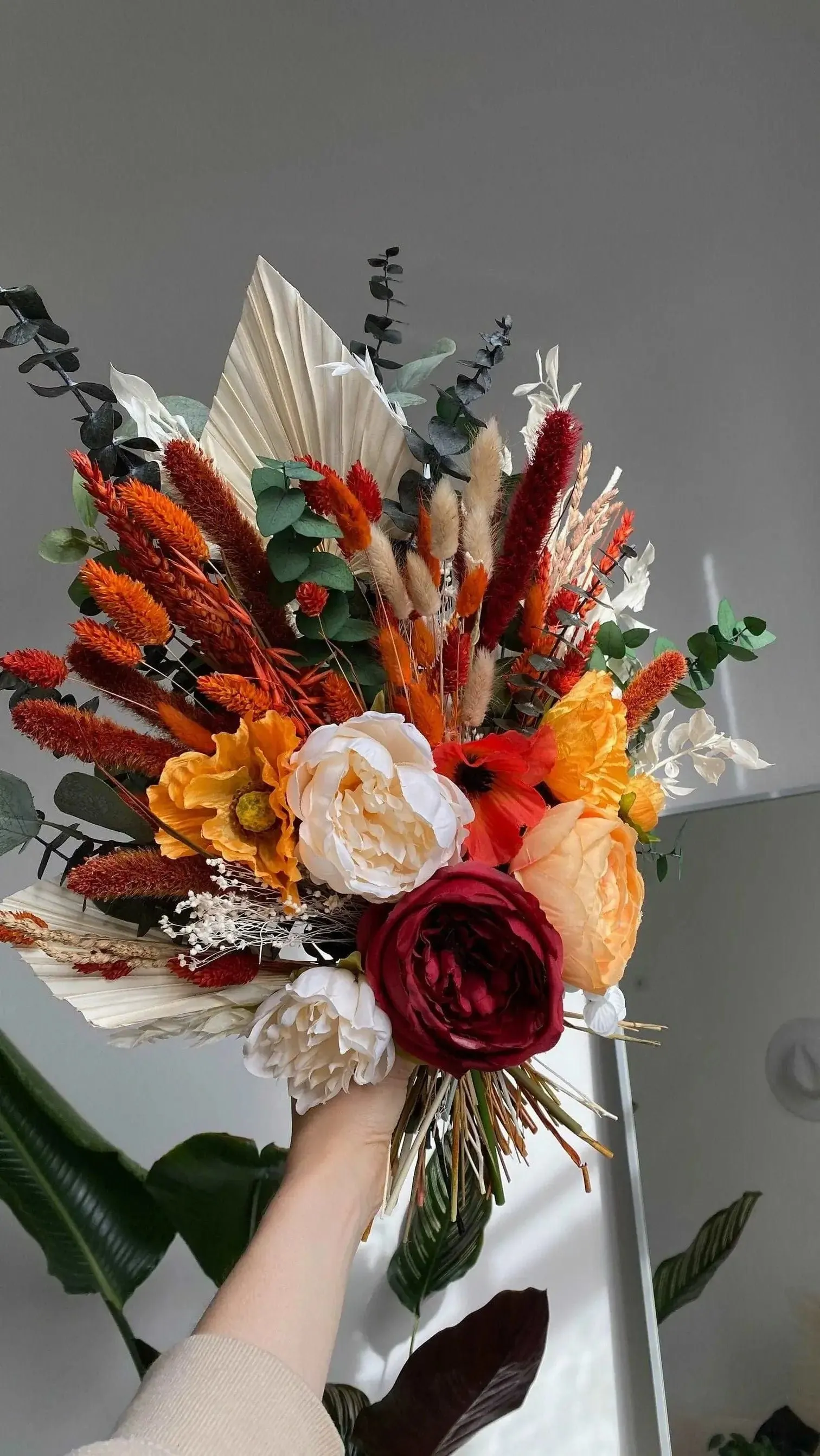 Colourful Dried & Artificial Flowers Bridal Bouquet - Burnt Orange & Green No. 2