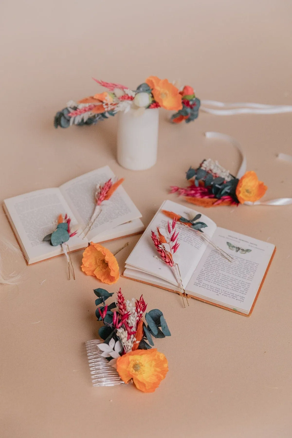 Colourful Dried & Artificial Flowers Bridal Bouquet - Burnt Orange & Green No. 2