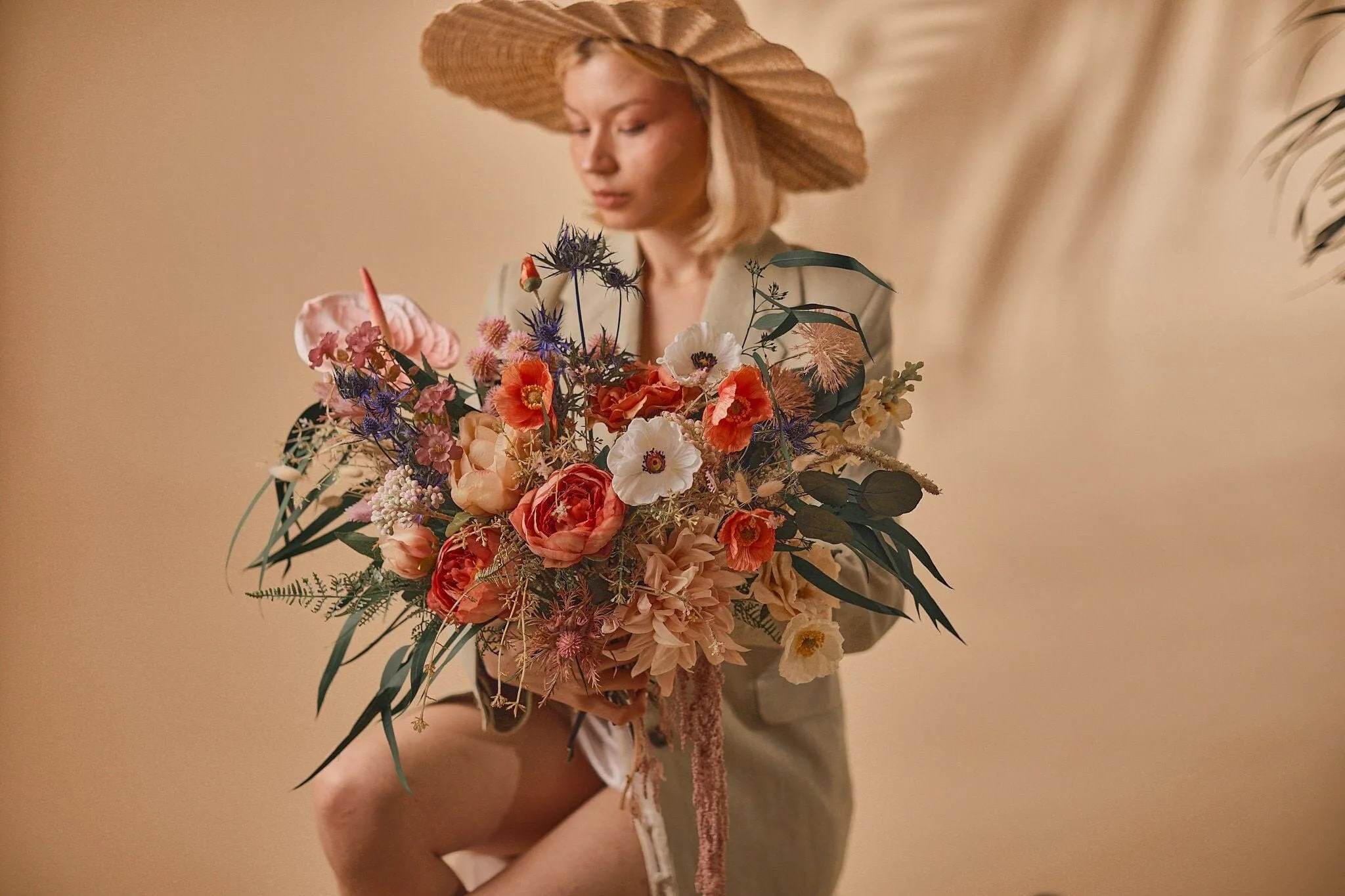 Colourful Dried & Artificial Flowers Bridal Bouquet - Burnt Orange & Red