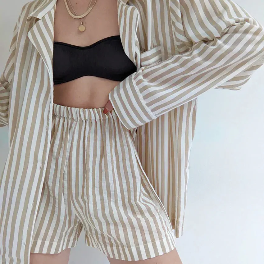 Cotton Striped Long-Sleeve Top Shorts Two-Piece Suit