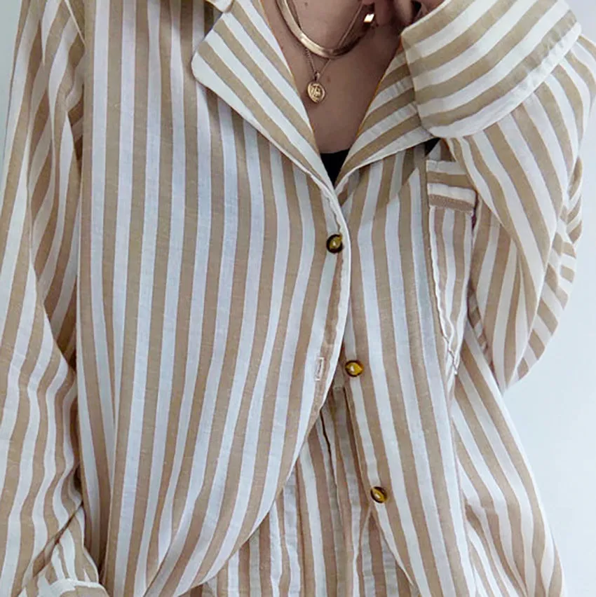 Cotton Striped Long-Sleeve Top Shorts Two-Piece Suit