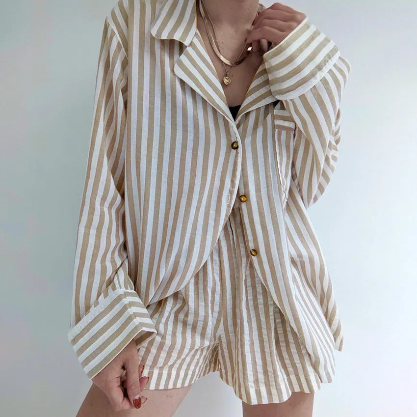 Cotton Striped Long-Sleeve Top Shorts Two-Piece Suit