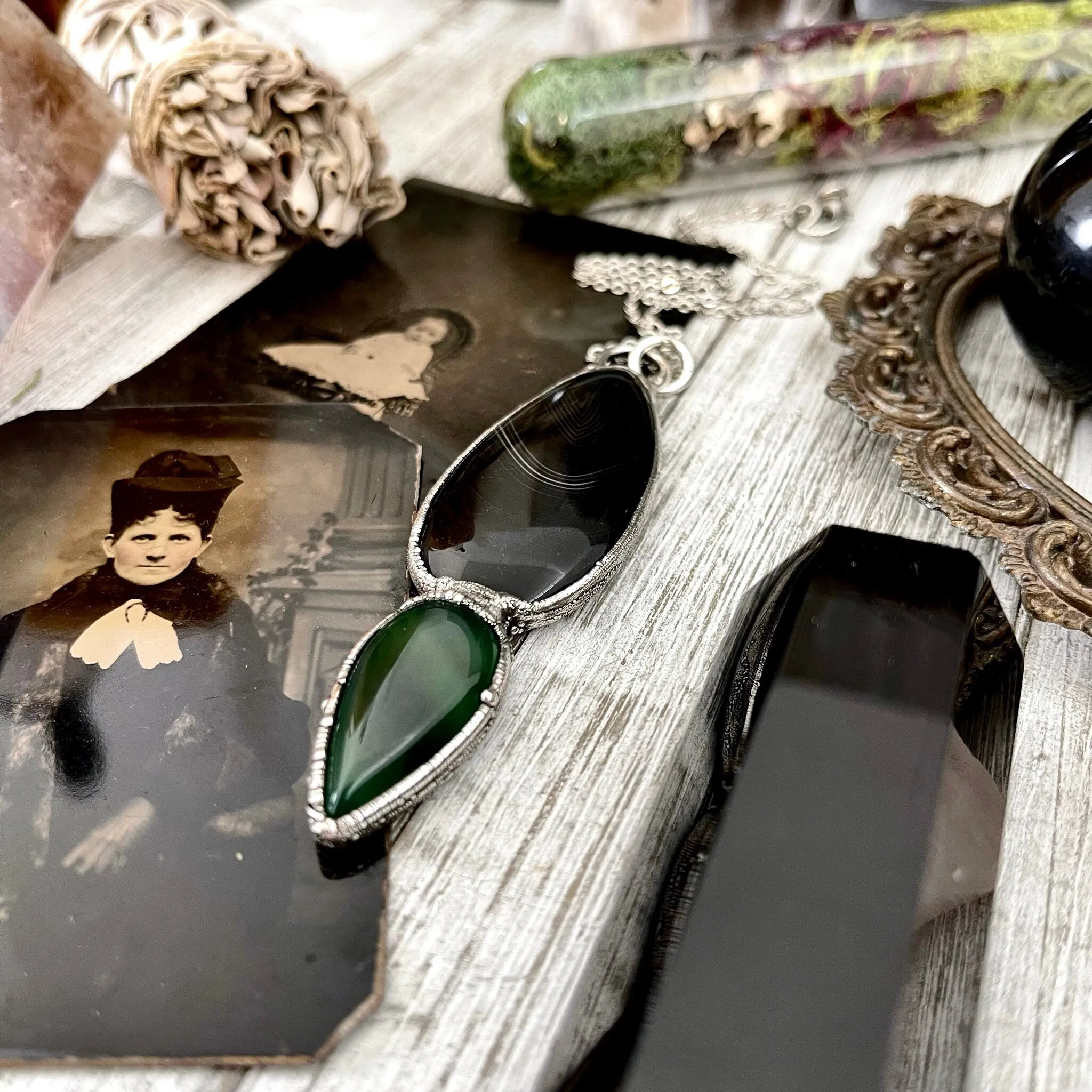 Crystal Teardrop Black Agate and Green Agate Necklace  / Gothic Jewelry