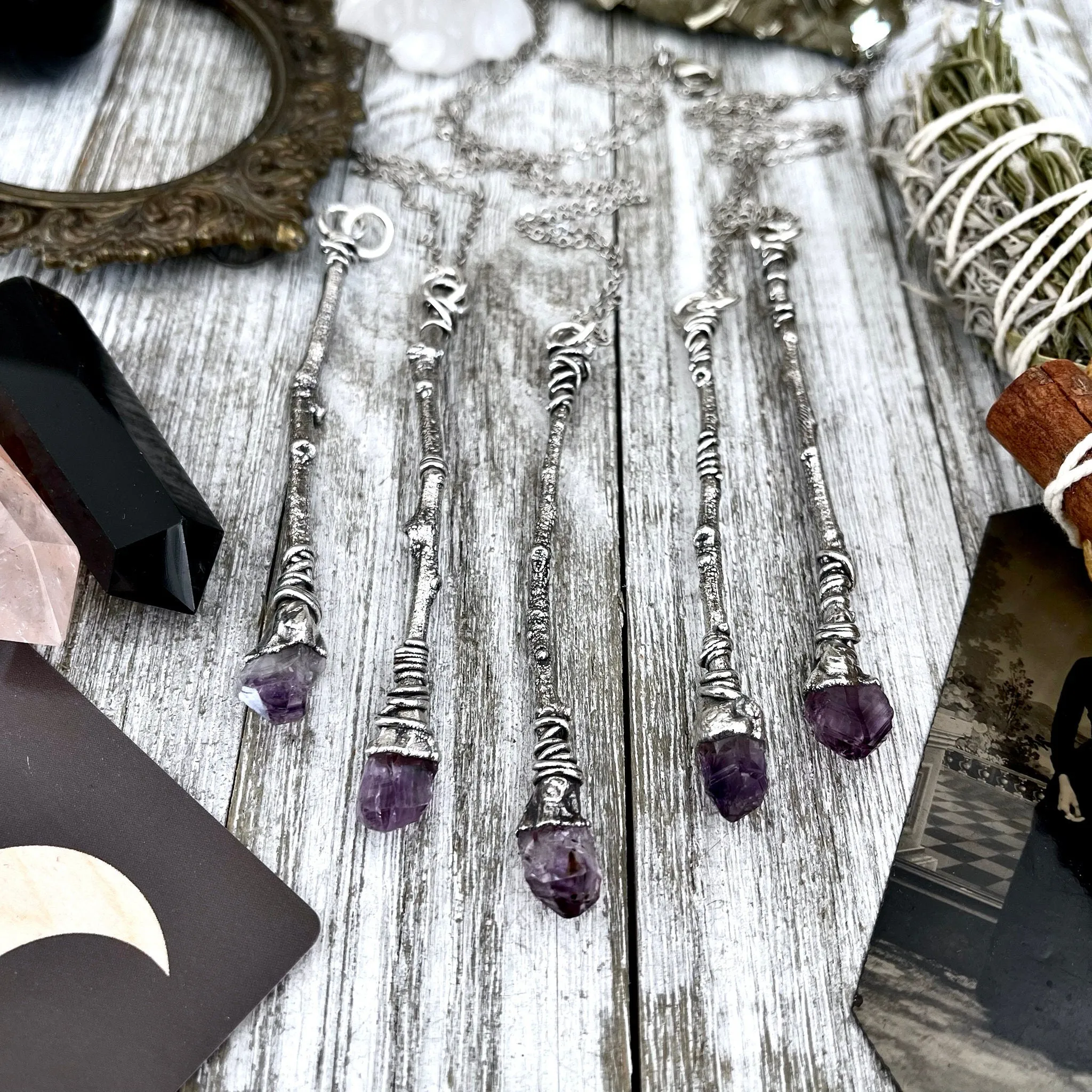 Crystal Wand Necklace Fine Silver Raw Amethyst  Necklace / Wizard Witches Wand Necklace Pendant