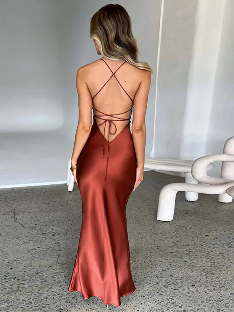 DressBetty - 2024 Satin Backless Spaghetti Strap Sleeveless Bodycon Maxi Dress