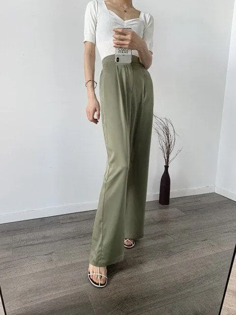 DressBetty - Spring High End Satin Sagging Broad Leg Pants Women High Waist Suit Pants Loose Simulation Silk Straight Pants Women