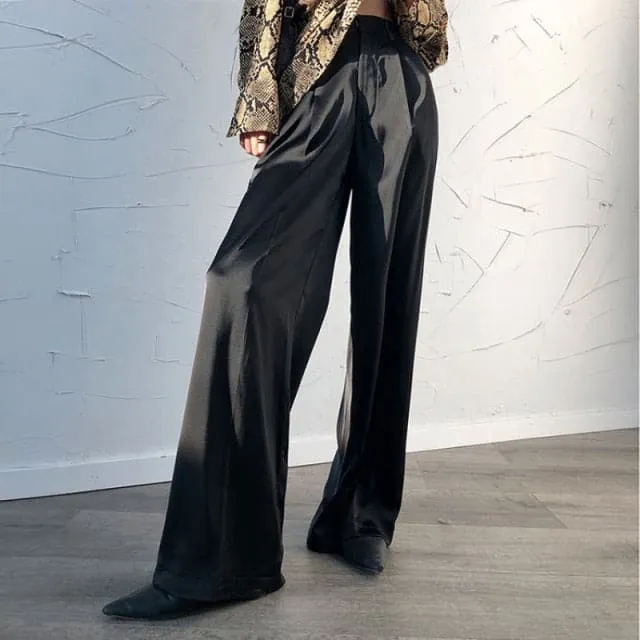 DressBetty - Spring High End Satin Sagging Broad Leg Pants Women High Waist Suit Pants Loose Simulation Silk Straight Pants Women