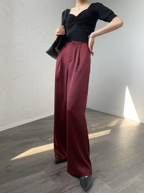 DressBetty - Spring High End Satin Sagging Broad Leg Pants Women High Waist Suit Pants Loose Simulation Silk Straight Pants Women