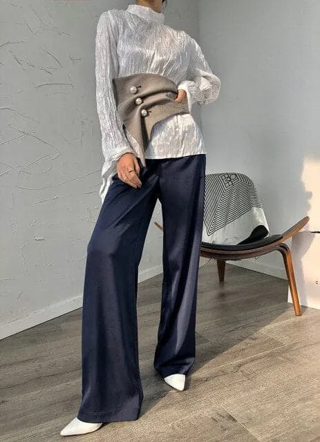 DressBetty - Spring High End Satin Sagging Broad Leg Pants Women High Waist Suit Pants Loose Simulation Silk Straight Pants Women