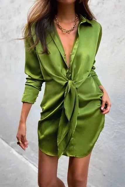 DressBetty - V-neck Soft Silk Satin Dress Women Spring Long Sleeve Collect Waist tie knot Mini Short Dress Elegant Lady Office Dresses