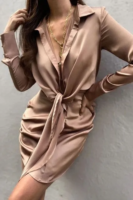 DressBetty - V-neck Soft Silk Satin Dress Women Spring Long Sleeve Collect Waist tie knot Mini Short Dress Elegant Lady Office Dresses