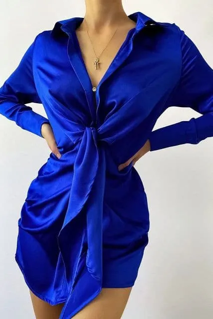 DressBetty - V-neck Soft Silk Satin Dress Women Spring Long Sleeve Collect Waist tie knot Mini Short Dress Elegant Lady Office Dresses