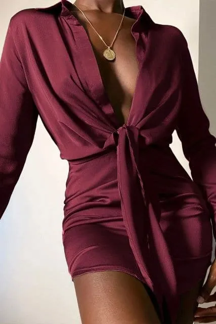 DressBetty - V-neck Soft Silk Satin Dress Women Spring Long Sleeve Collect Waist tie knot Mini Short Dress Elegant Lady Office Dresses