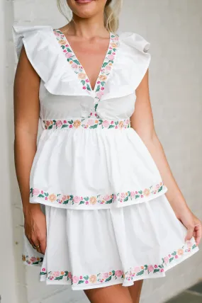 Emmy Floral Trim Dress-White