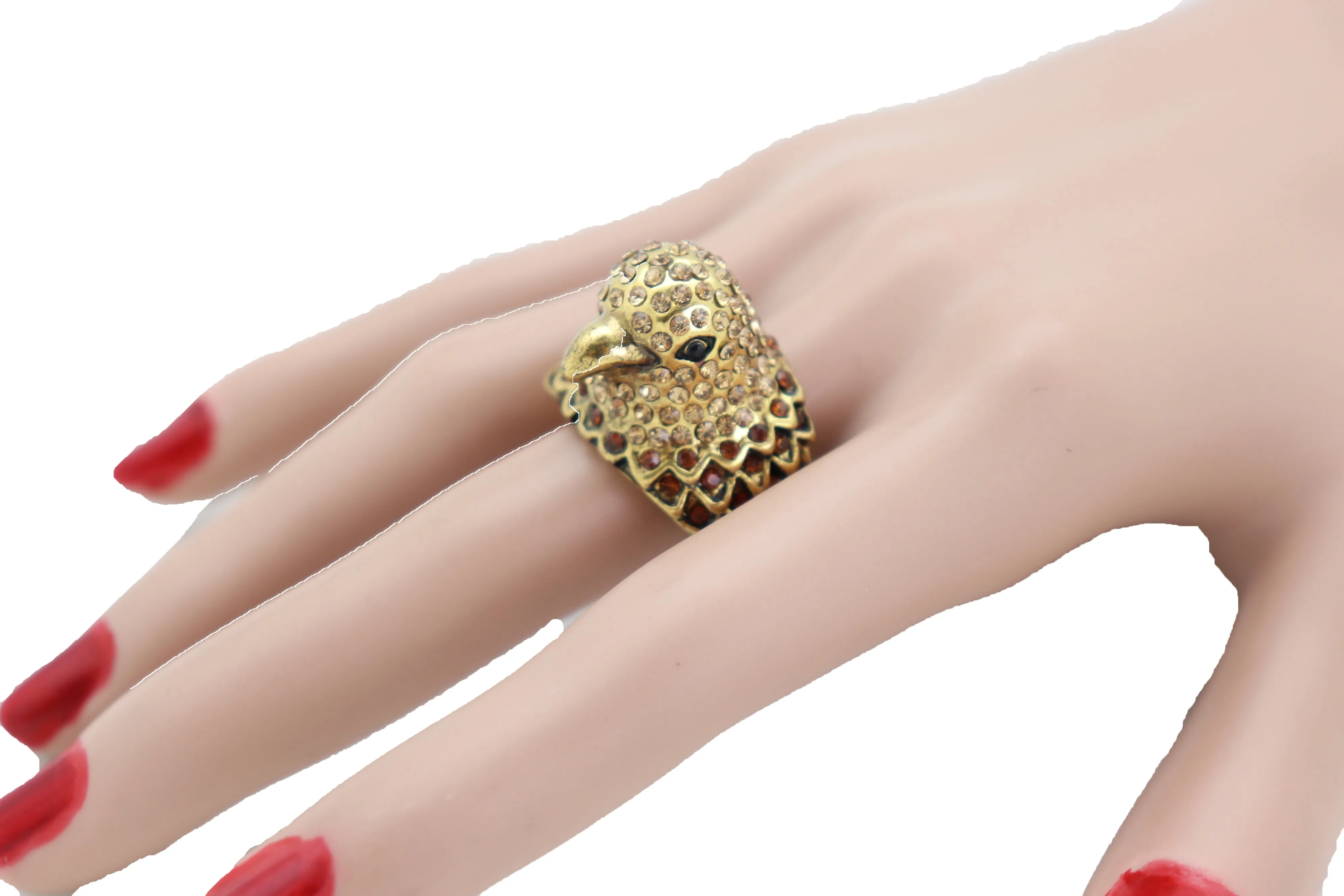 Gold Metal Ring Bird Head Eagle Stretch Band One Size Cute