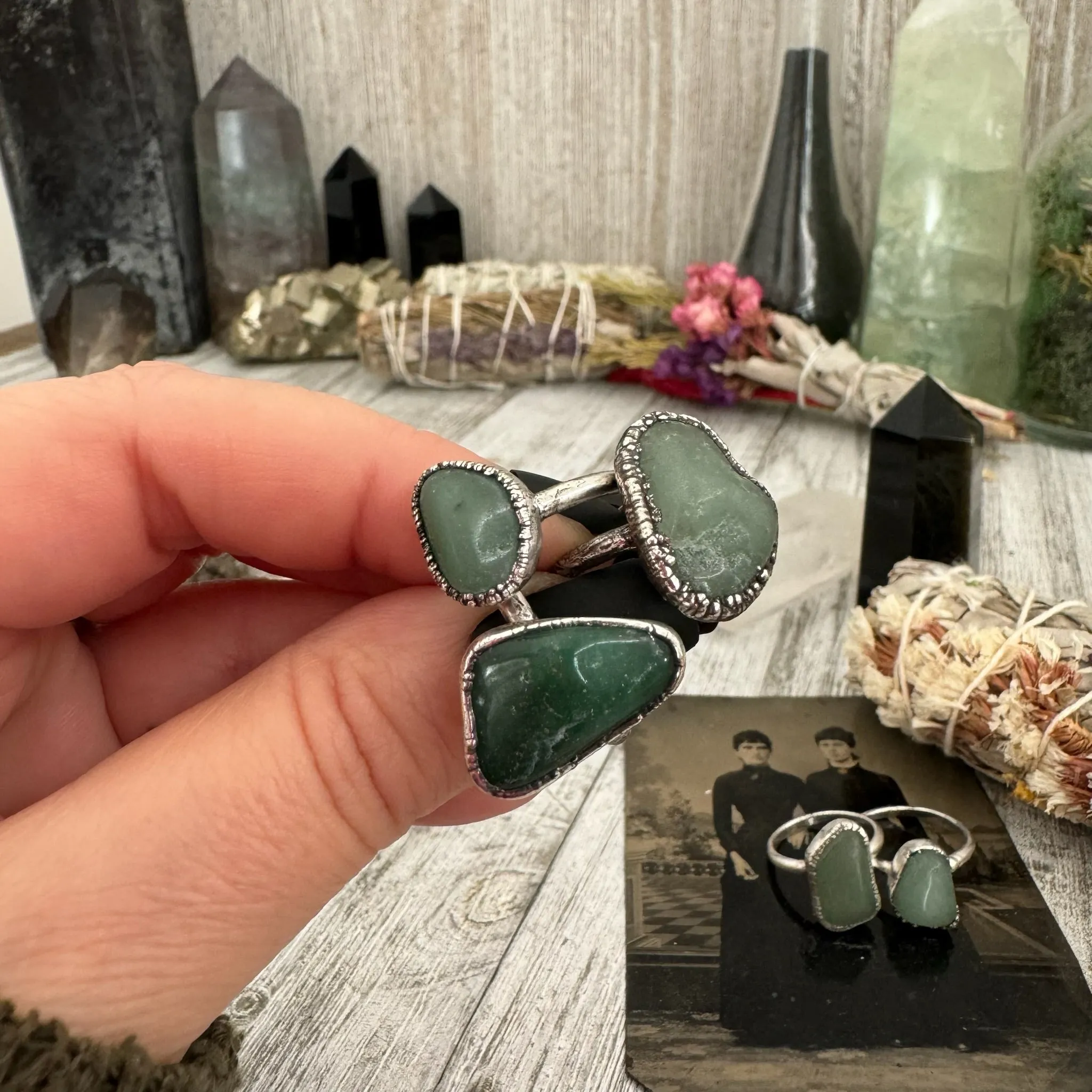 Green Aventurine Small Stone Ring in Fine Silver Size 5 6 7 8 9 / Foxlark Collection