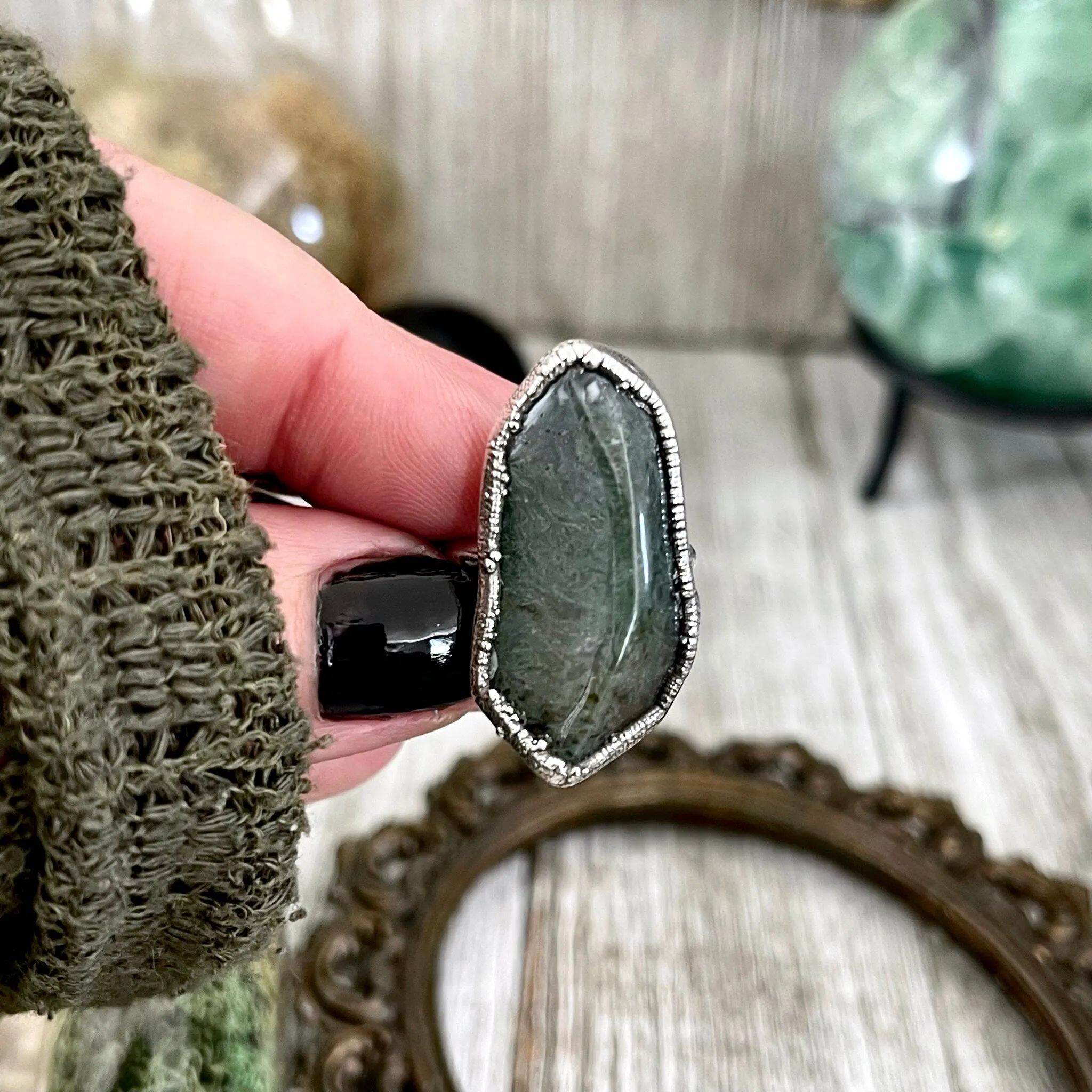 Green Moss Agate Small Stone Ring in Fine Silver Size 5 6 7 8 9 10 / Foxlark Collection