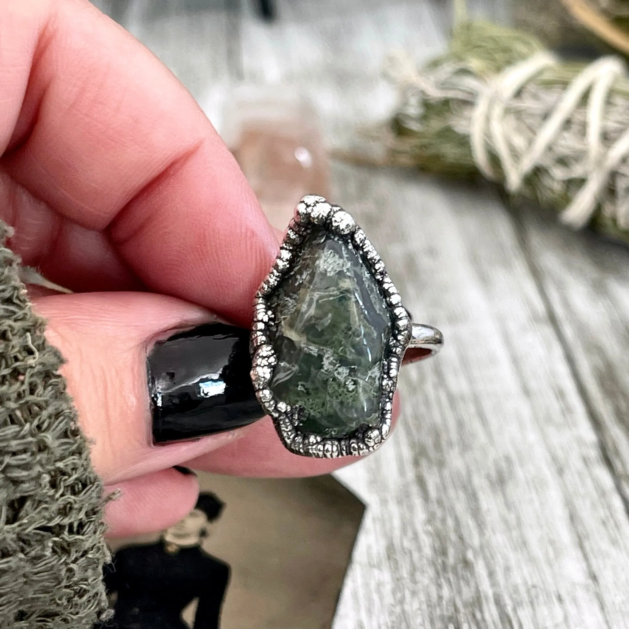 Green Moss Agate Small Stone Ring in Fine Silver Size 5 6 7 8 9 10 / Foxlark Collection