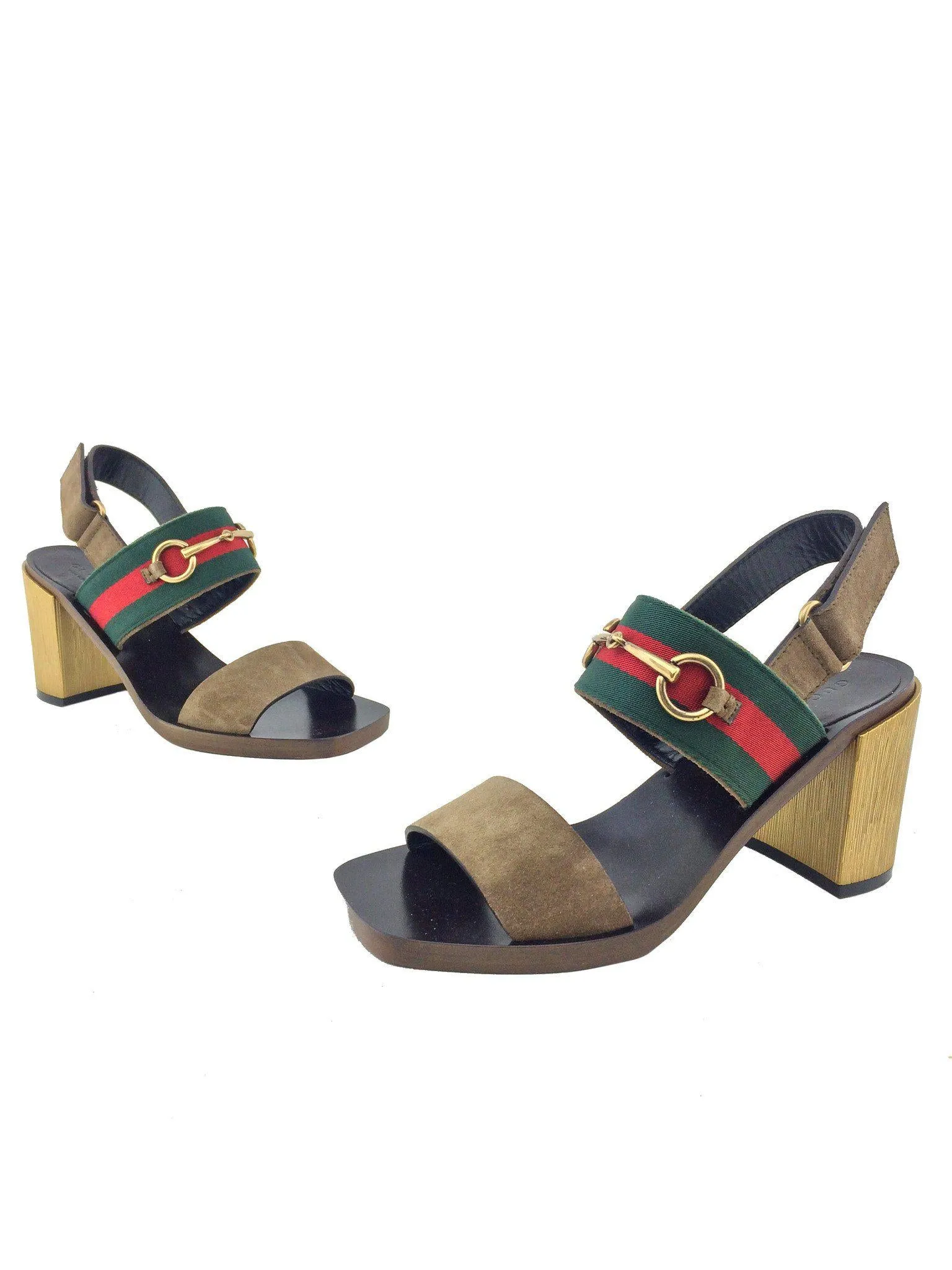 Gucci Web Trimmed Horsebit Suede Slingback Sandals Size 7