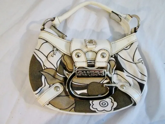 GUESS LANAI MINI hobo satchel clutch bag boho WHITE BROWN FLORAL purse