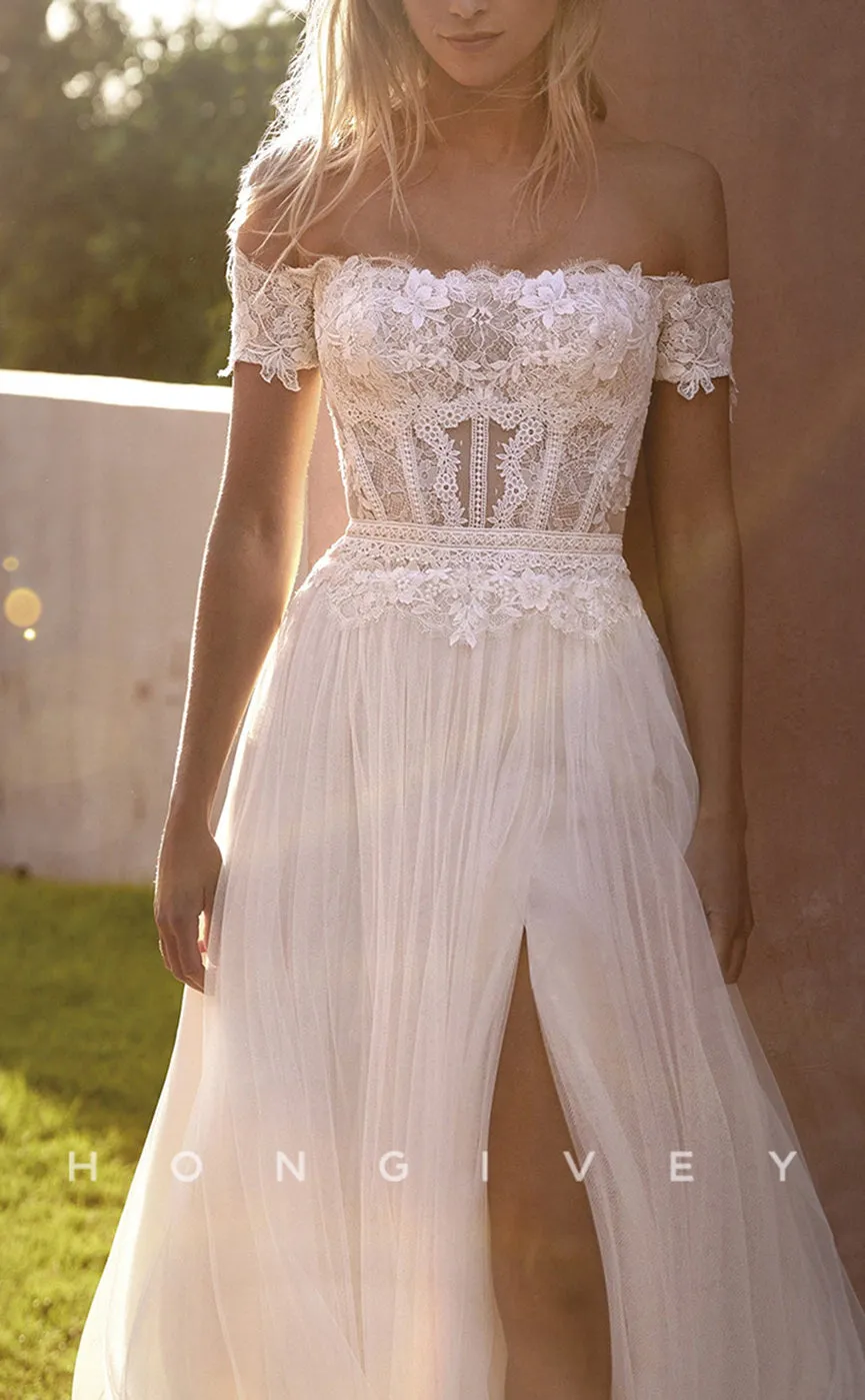 H0896 - Illusion Floral Lace Embroidered With Train And Slit Long Wedding Dress