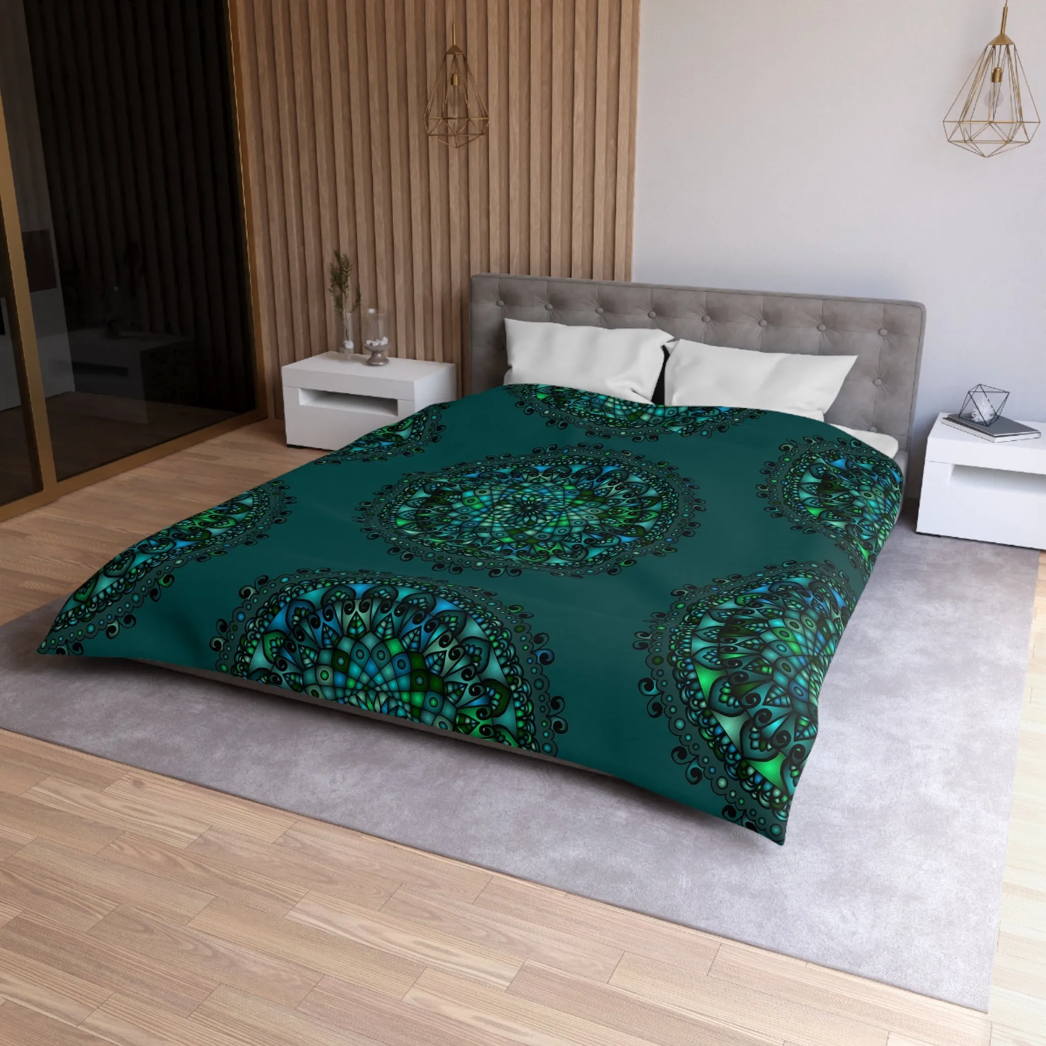 Handmade Mandala Art Microfiber Duvet Cover - Green Mandala on Dark Petroleum Green Background