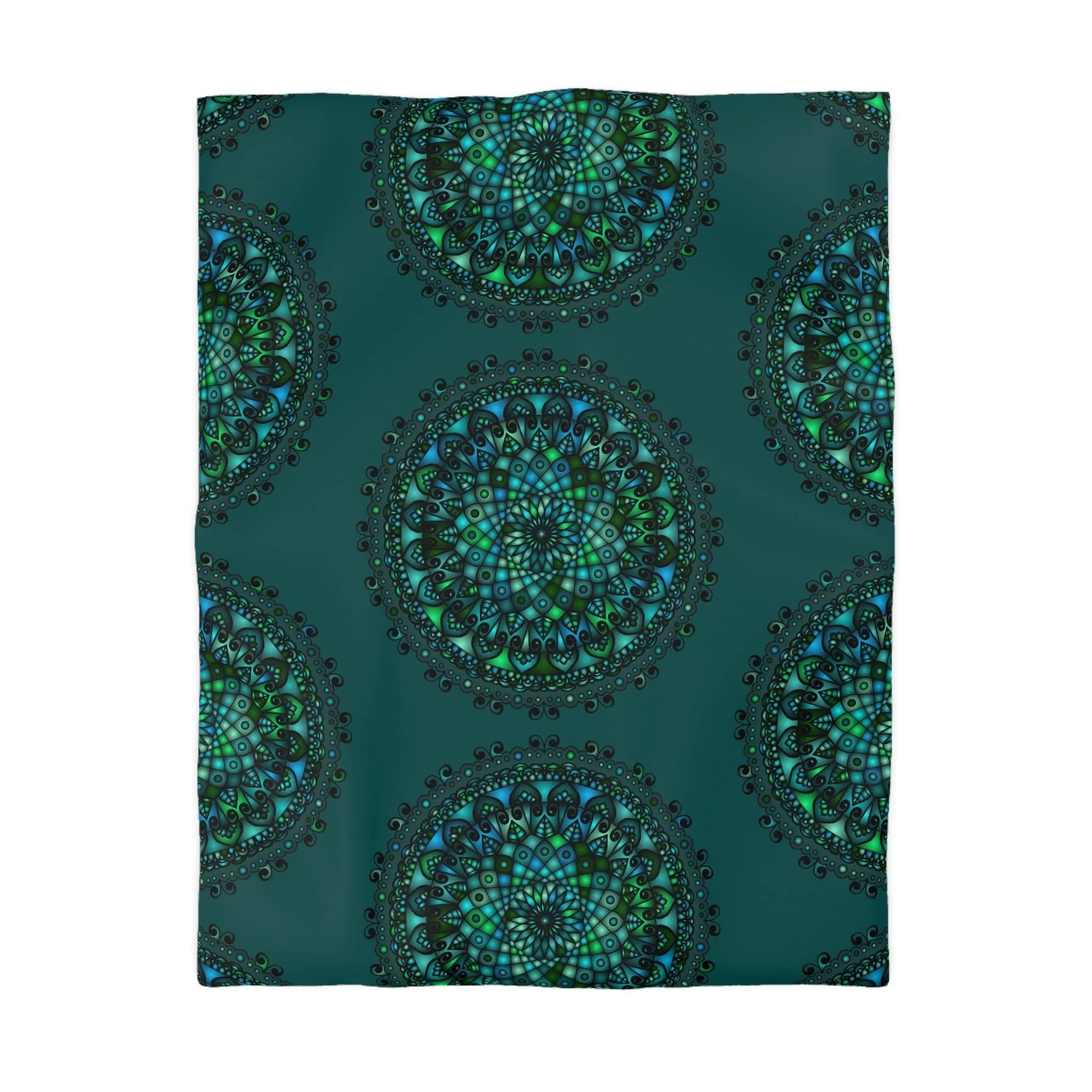 Handmade Mandala Art Microfiber Duvet Cover - Green Mandala on Dark Petroleum Green Background