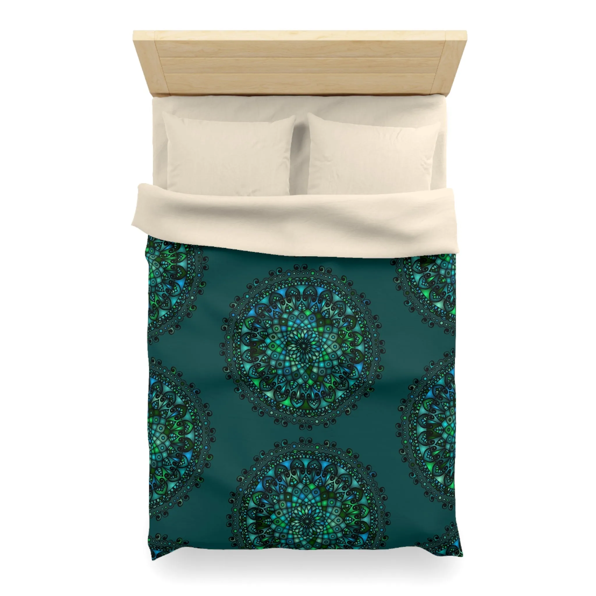 Handmade Mandala Art Microfiber Duvet Cover - Green Mandala on Dark Petroleum Green Background