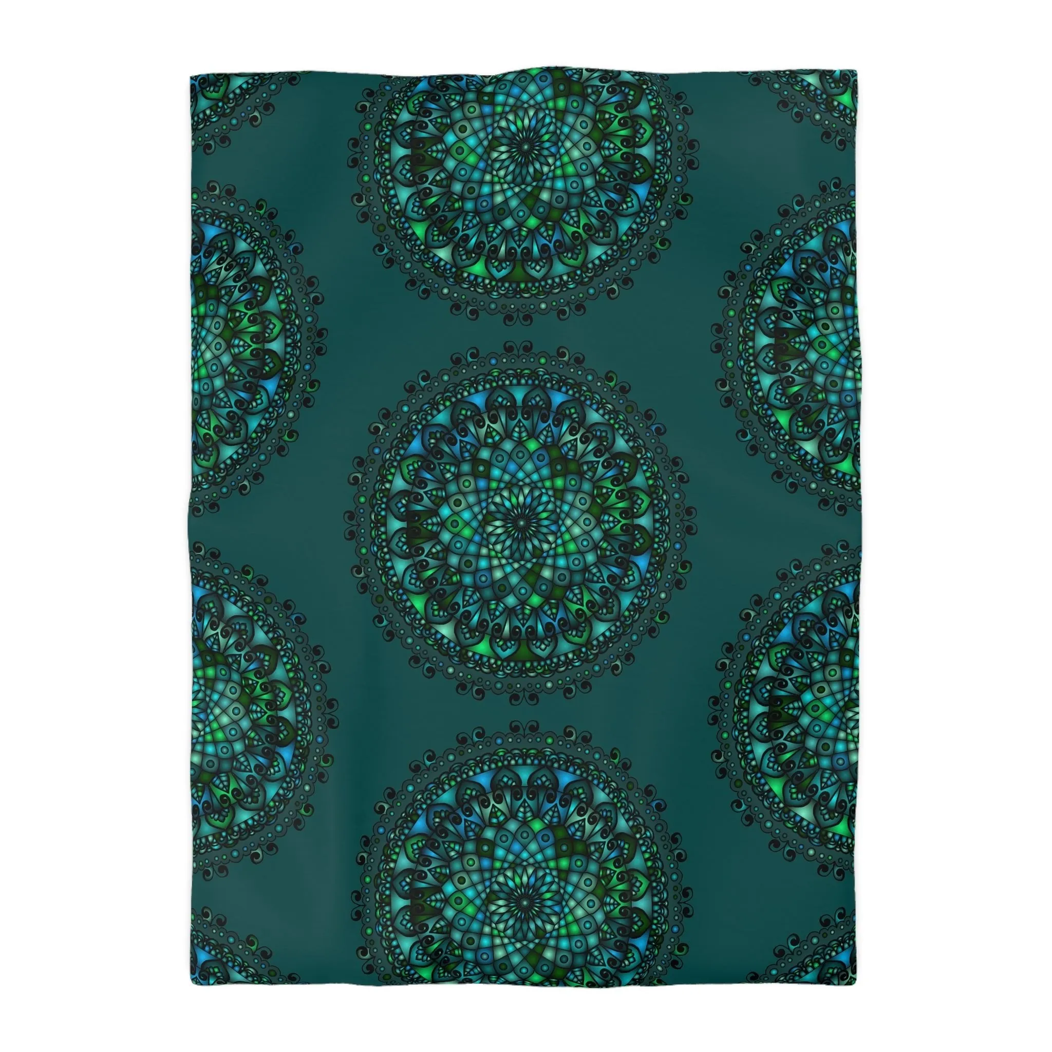 Handmade Mandala Art Microfiber Duvet Cover - Green Mandala on Dark Petroleum Green Background