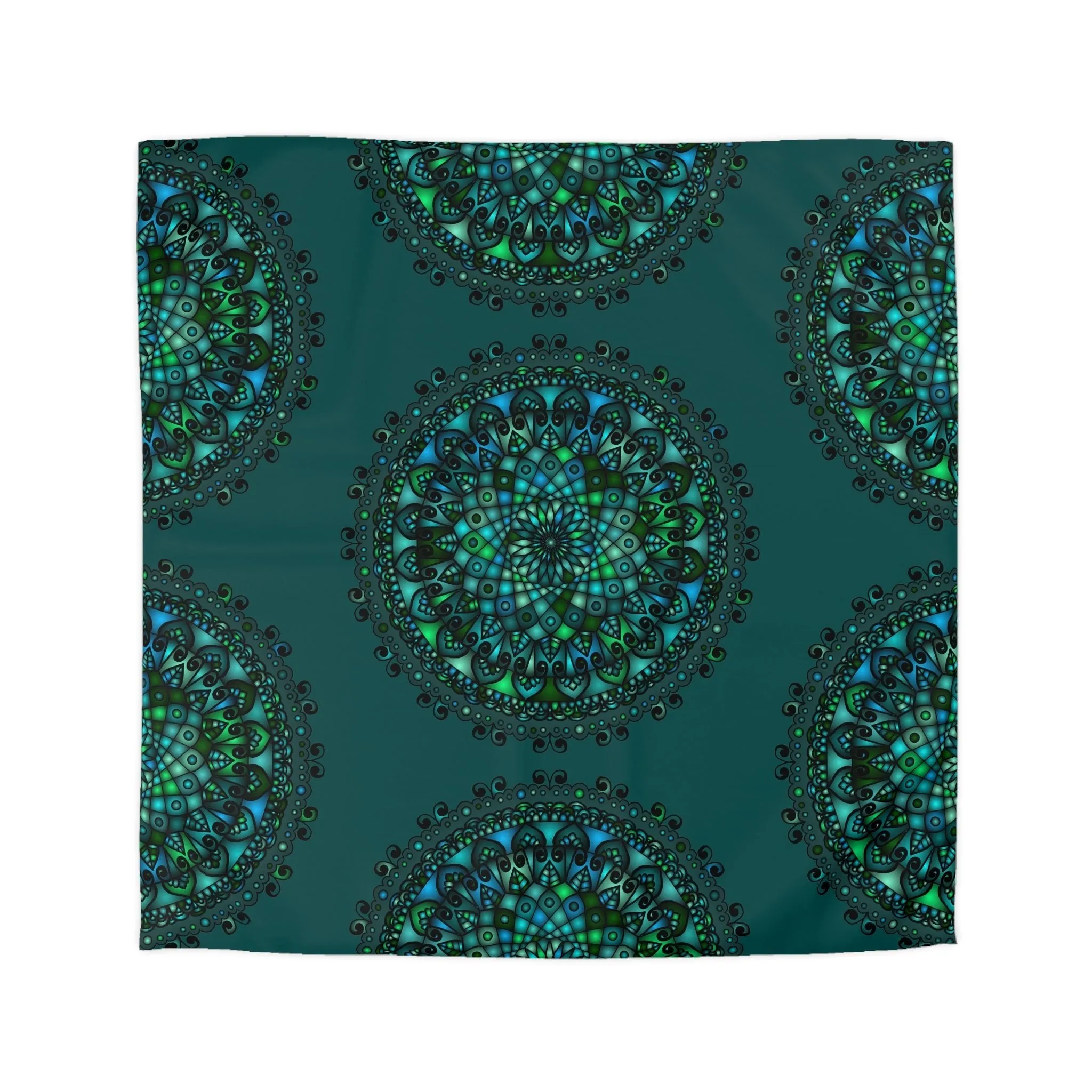 Handmade Mandala Art Microfiber Duvet Cover - Green Mandala on Dark Petroleum Green Background