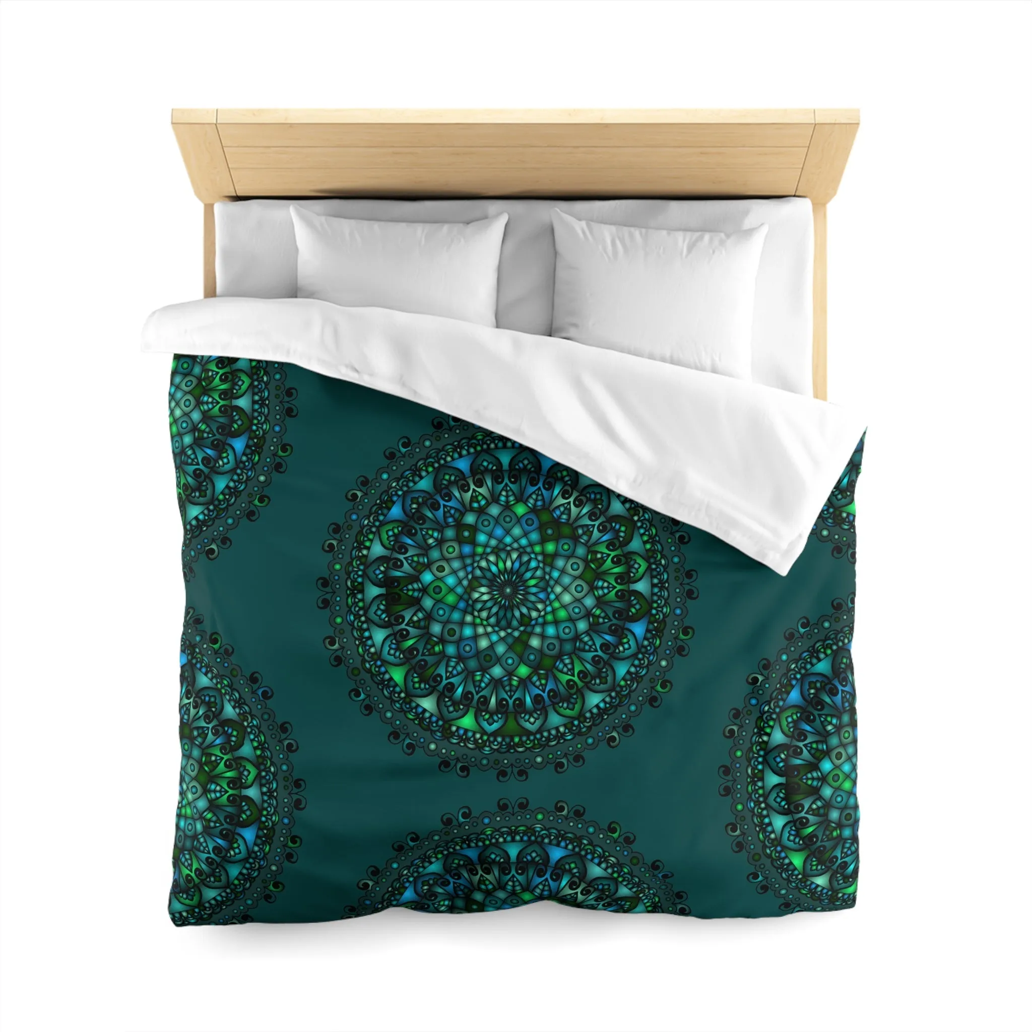 Handmade Mandala Art Microfiber Duvet Cover - Green Mandala on Dark Petroleum Green Background