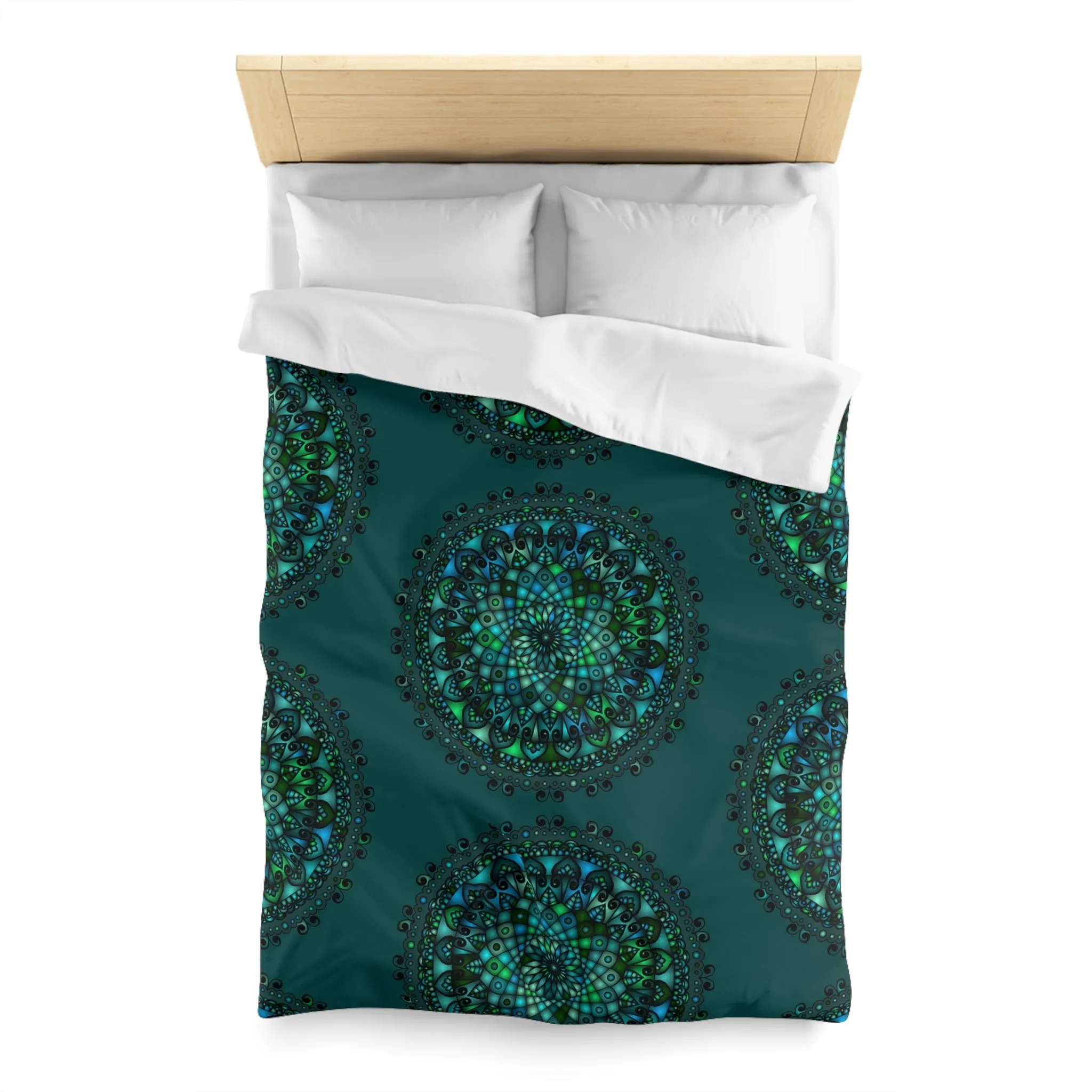 Handmade Mandala Art Microfiber Duvet Cover - Green Mandala on Dark Petroleum Green Background