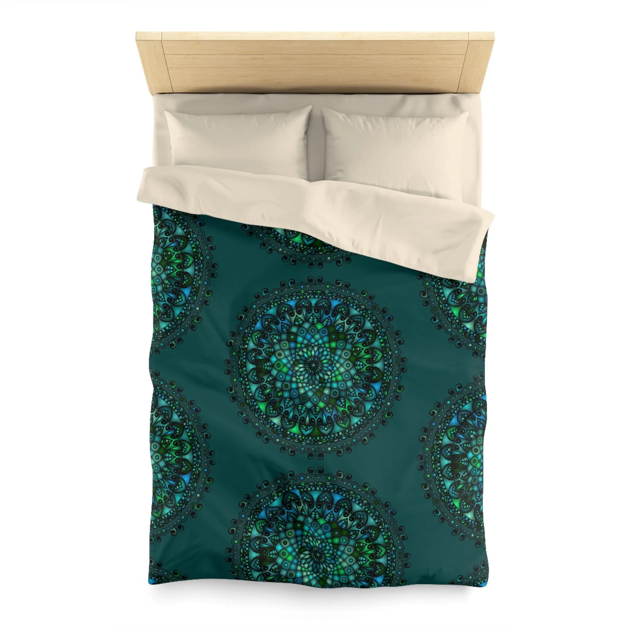 Handmade Mandala Art Microfiber Duvet Cover - Green Mandala on Dark Petroleum Green Background