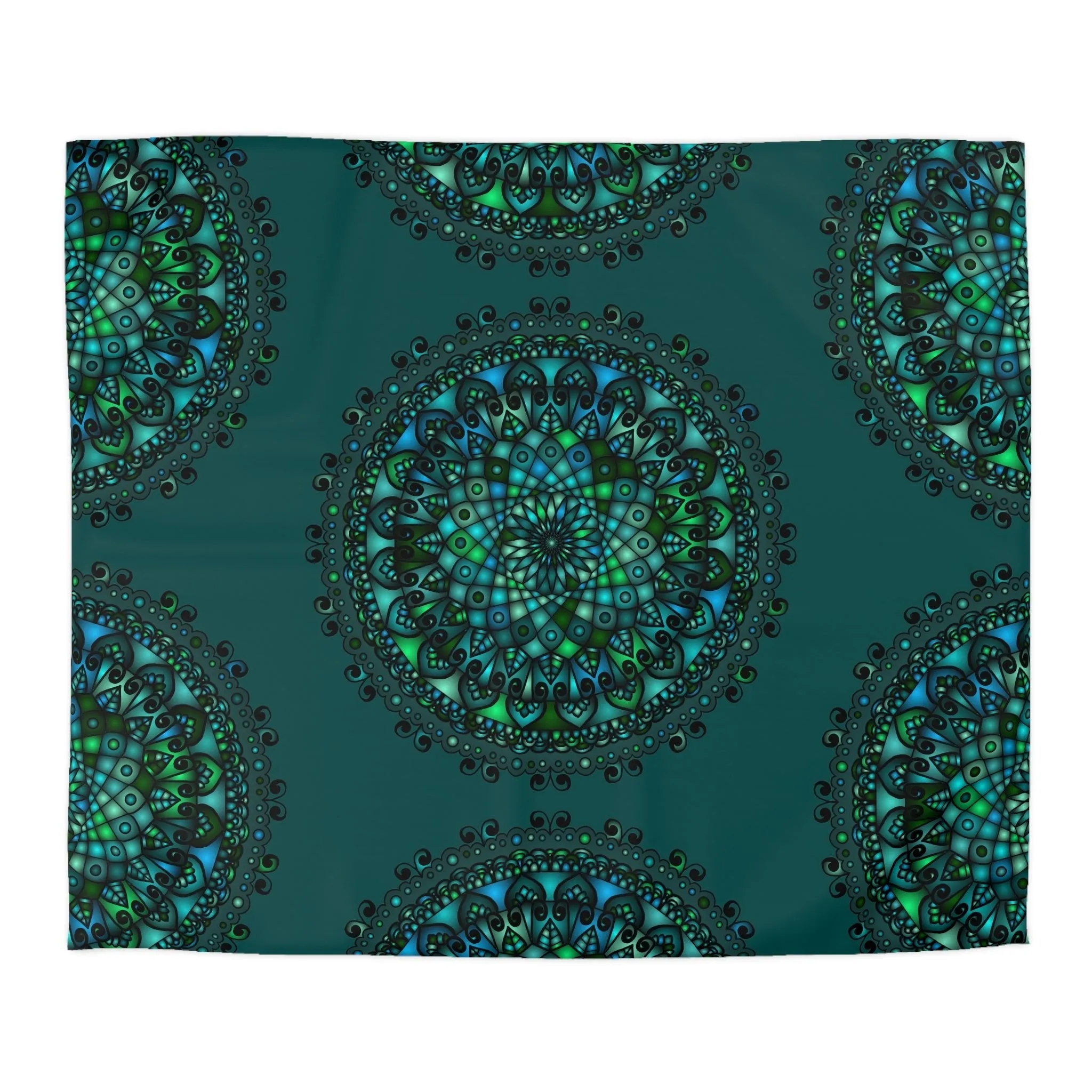 Handmade Mandala Art Microfiber Duvet Cover - Green Mandala on Dark Petroleum Green Background