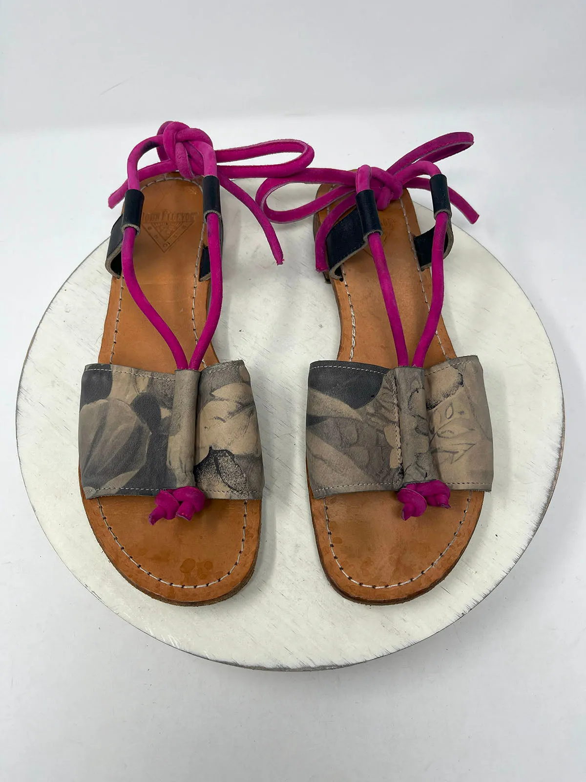 John Fluevog Size 10.5 Pink & Taupe Floral Sandals