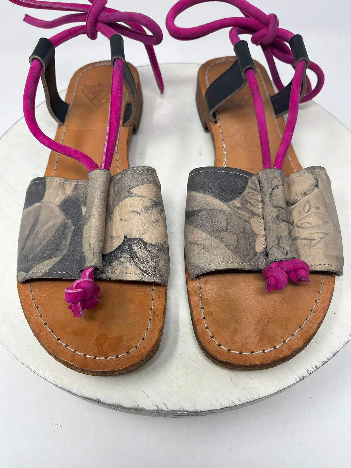 John Fluevog Size 10.5 Pink & Taupe Floral Sandals