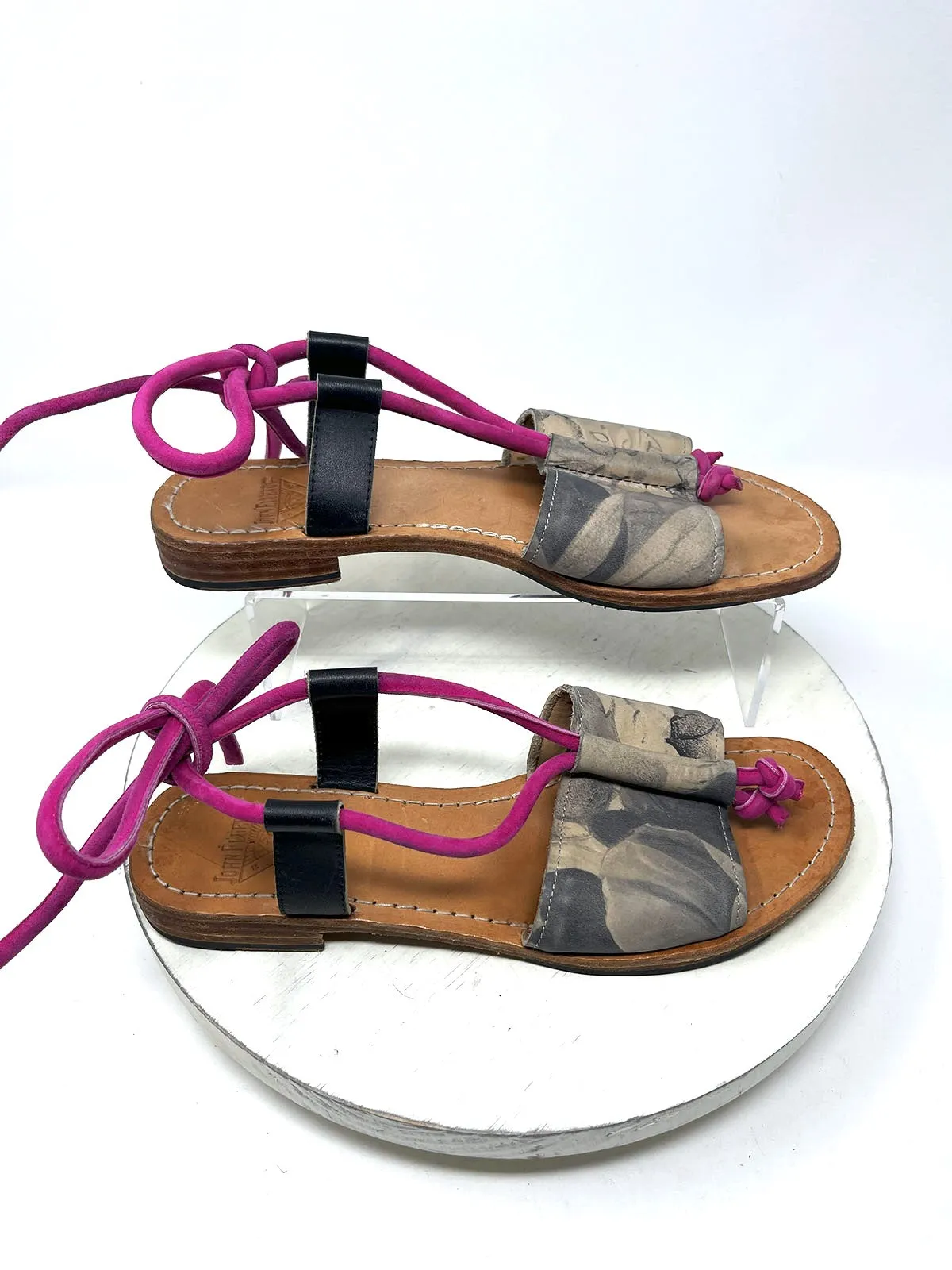 John Fluevog Size 10.5 Pink & Taupe Floral Sandals