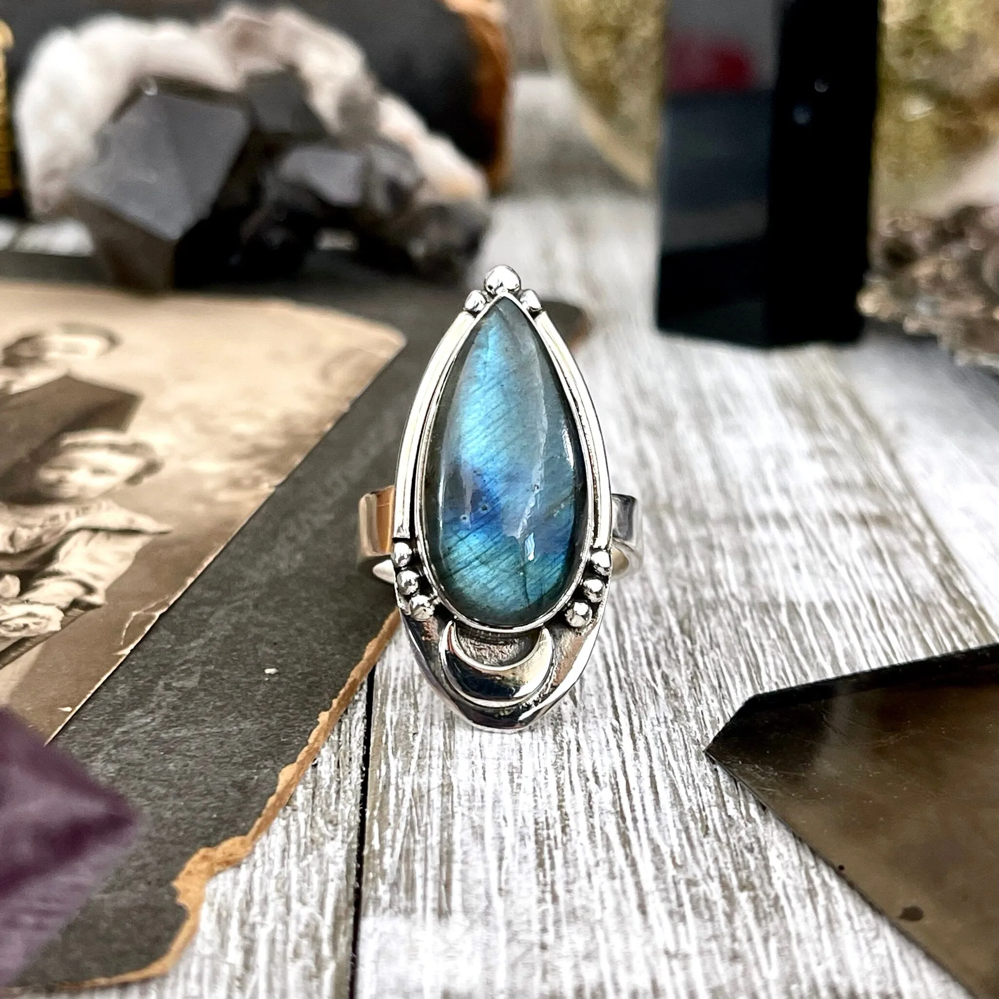 Labradorite Crystal Ring in Sterling Silver Midnight Moon Ring / Designed by FOXLARK - Adjustable to Size 6 7 8 9