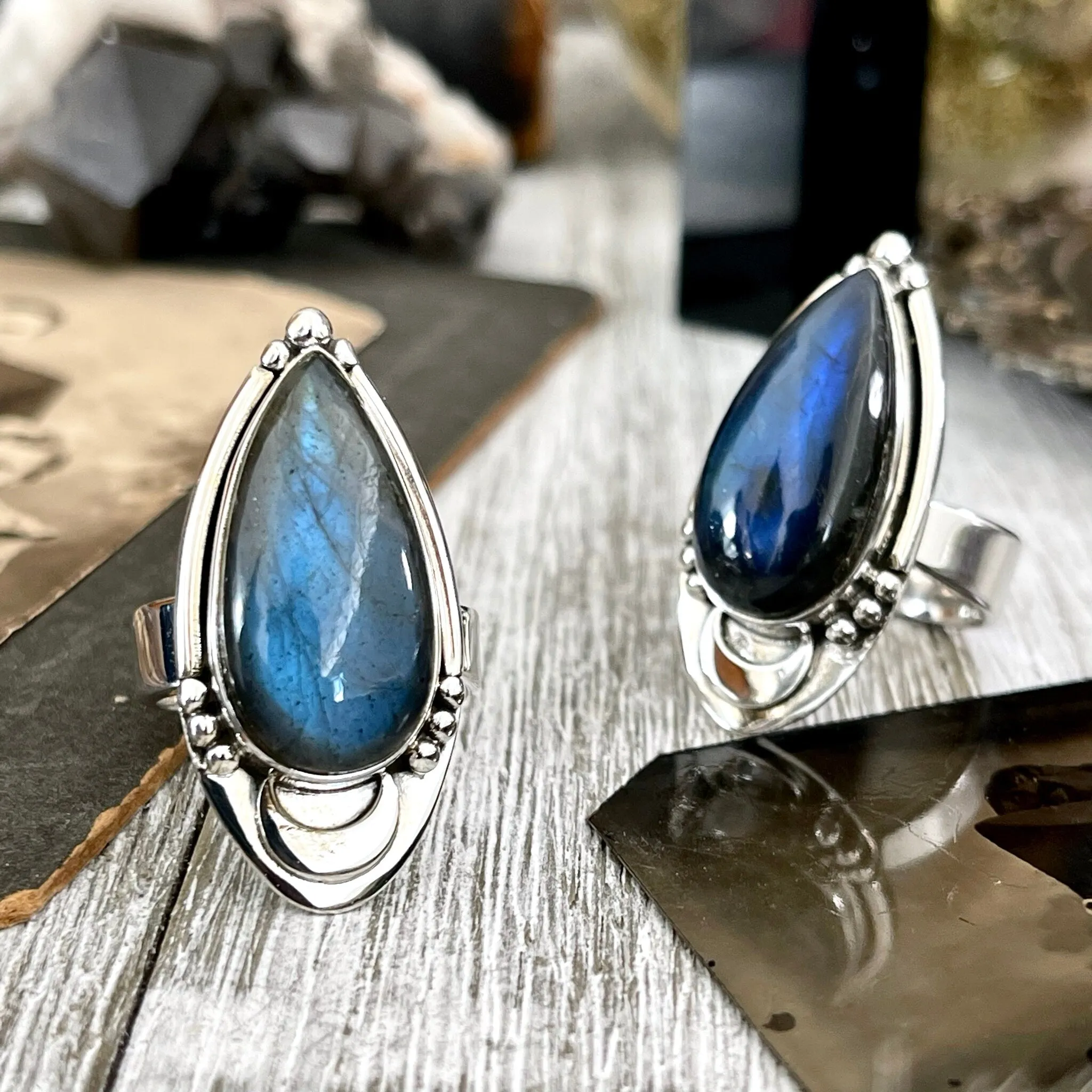 Labradorite Crystal Ring in Sterling Silver Midnight Moon Ring / Designed by FOXLARK - Adjustable to Size 6 7 8 9