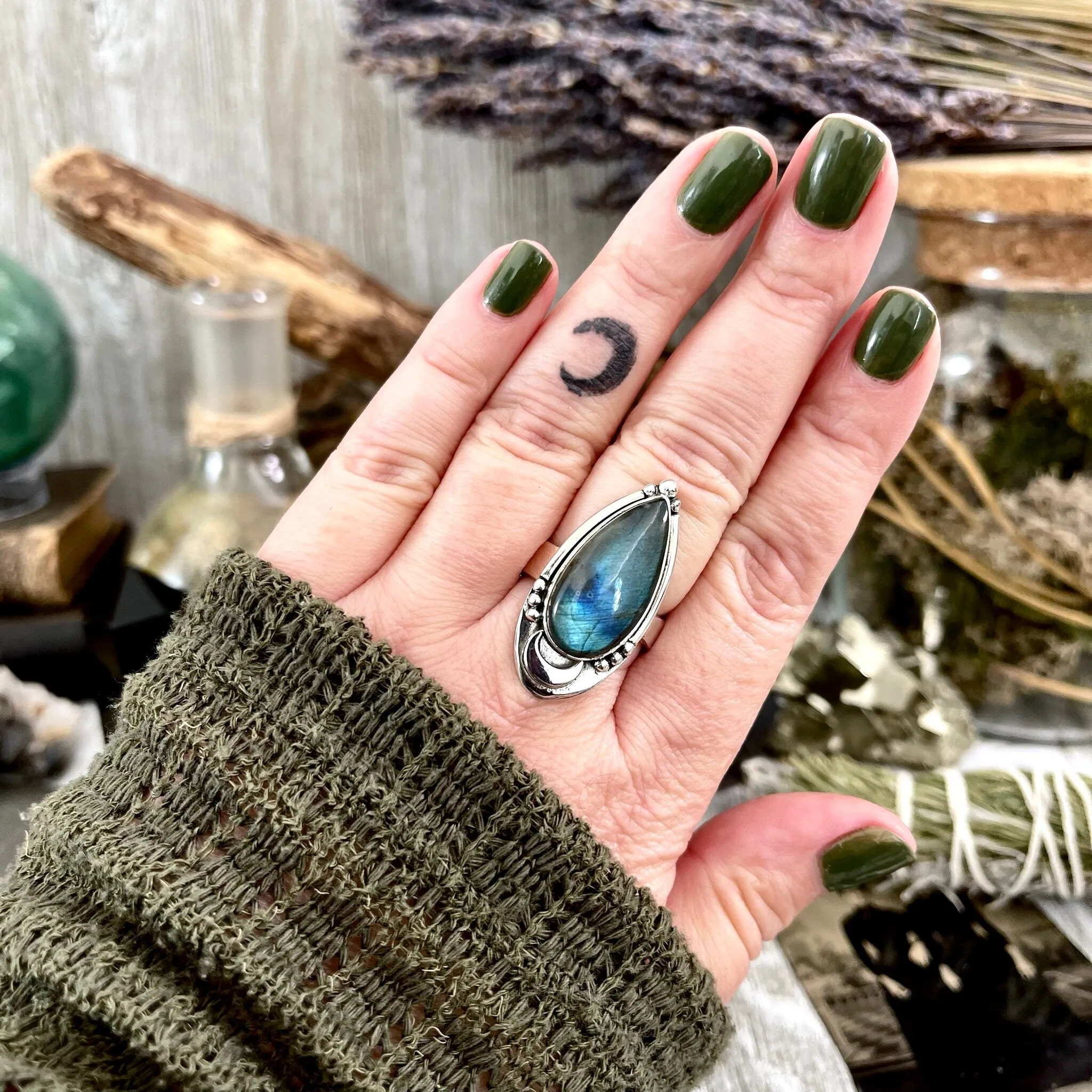 Labradorite Crystal Ring in Sterling Silver Midnight Moon Ring / Designed by FOXLARK - Adjustable to Size 6 7 8 9