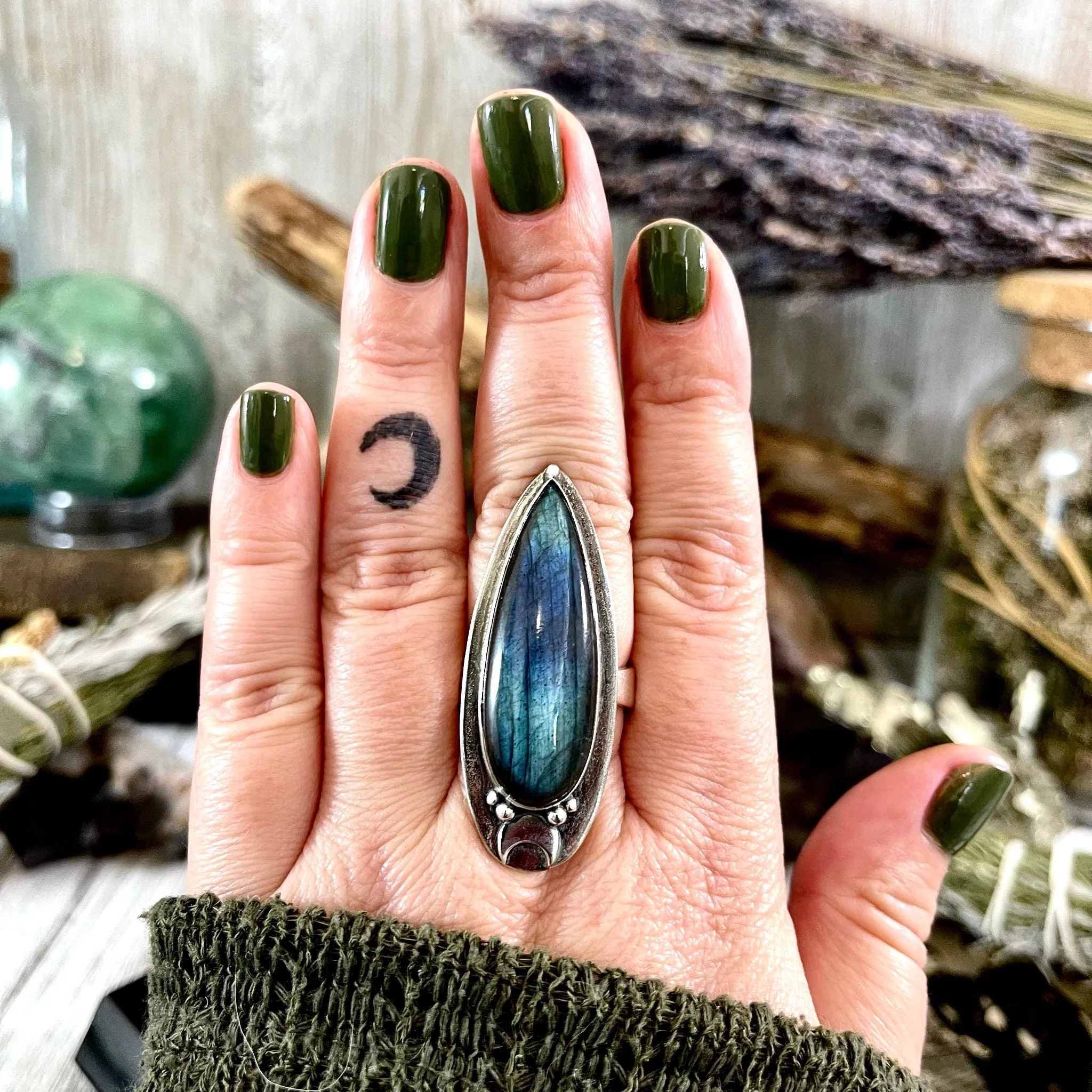 Labradorite Ring Magic Moon Blue Crystal Ring / Designed by FOXLARK Adjustable Size 6 7 8 9 10