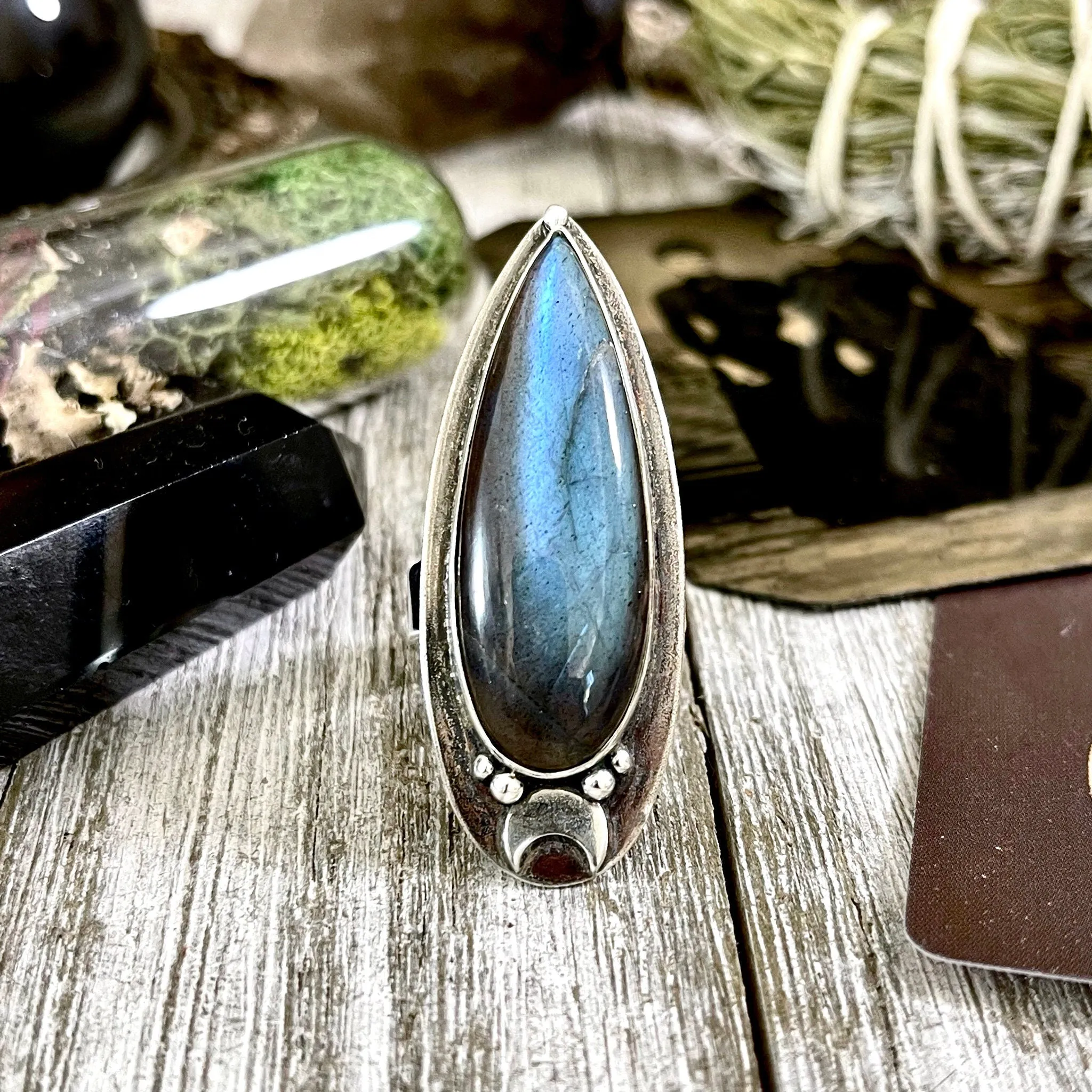 Labradorite Ring Magic Moon Blue Crystal Ring / Designed by FOXLARK Adjustable Size 6 7 8 9 10